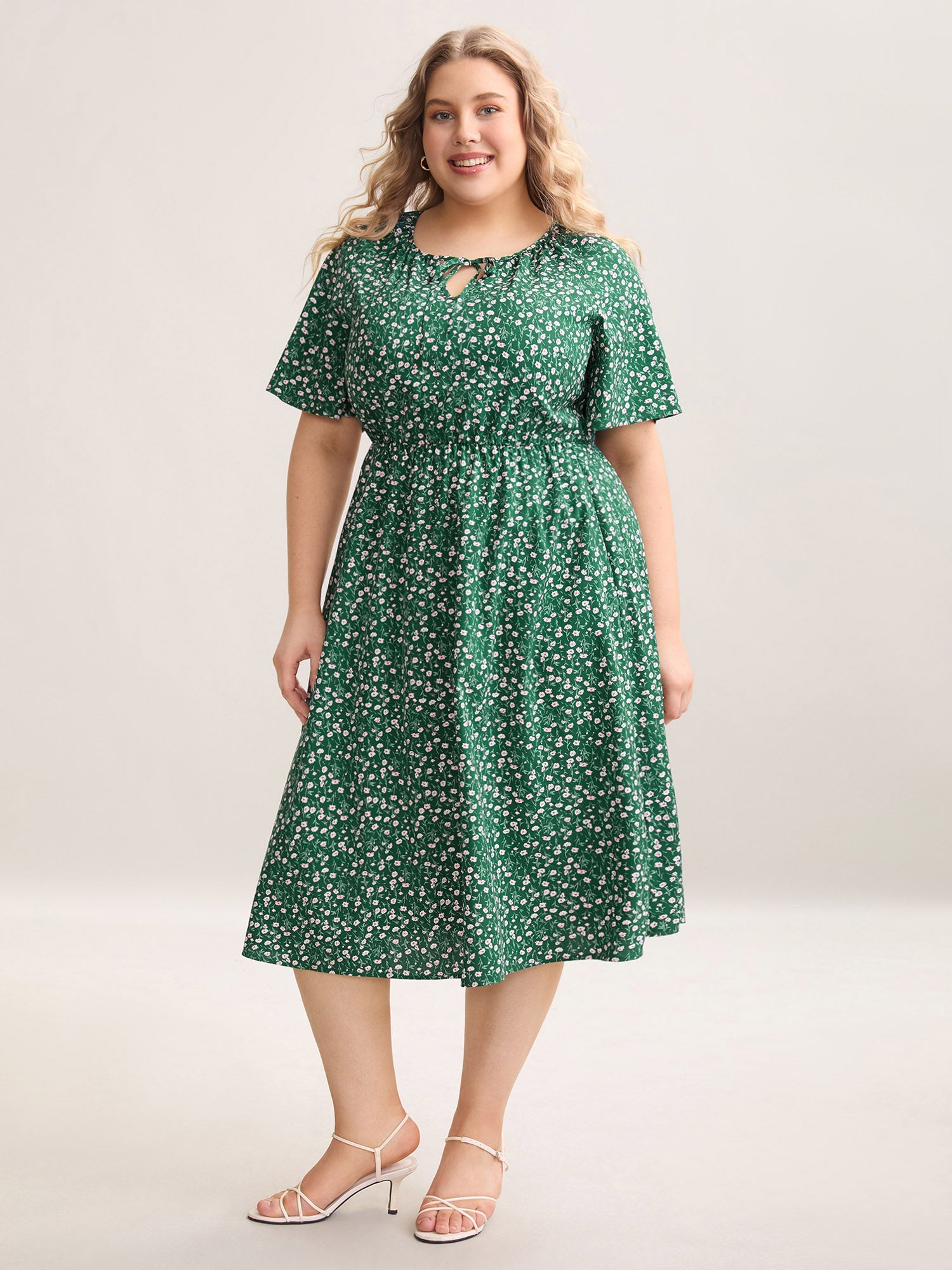 Floral Print Split Neck Pockets Midi Dress