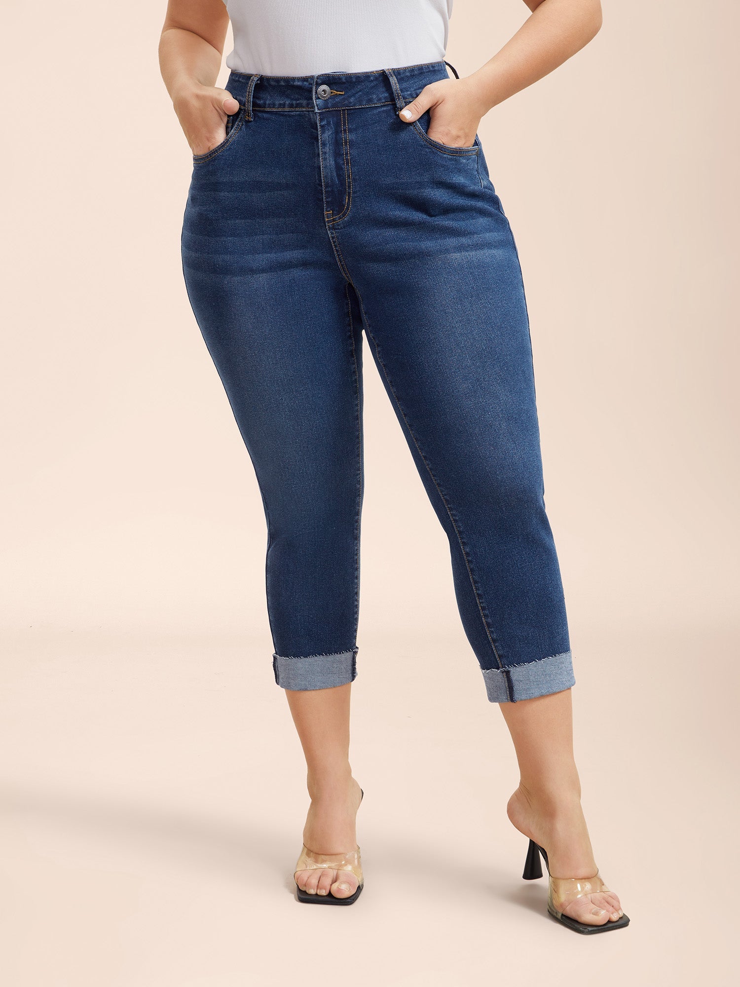 Whiskered Rolled Hem Slim-Fit Jeans