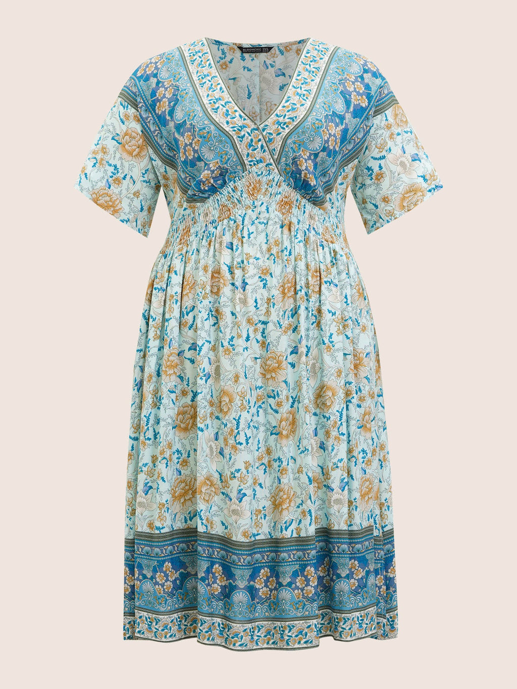 Floral Dolman Sleeve Ruffles Shirred Split Hem Dress