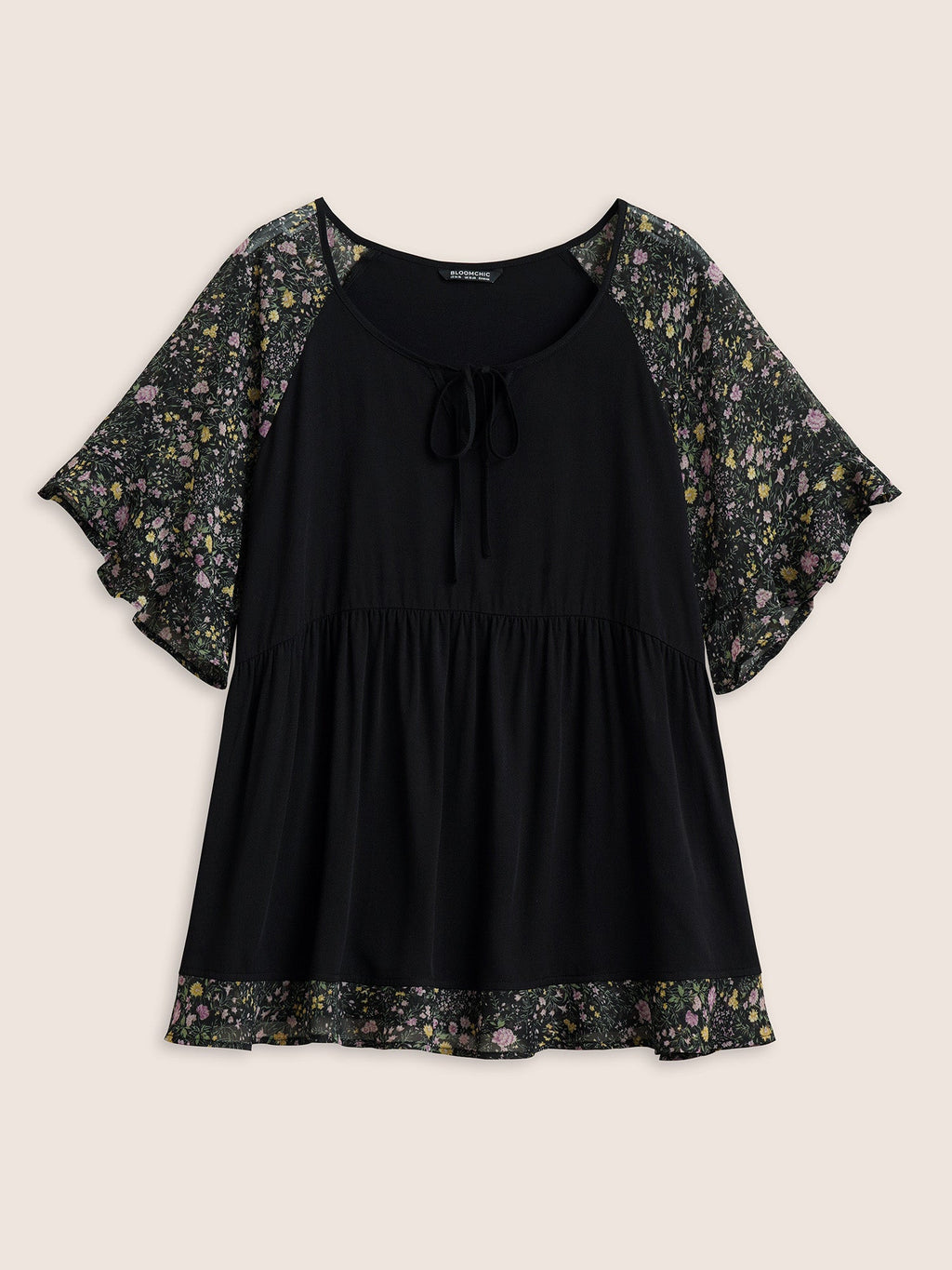 Ditsy Floral Patchwork Ties Flutter Sleeve Blouse