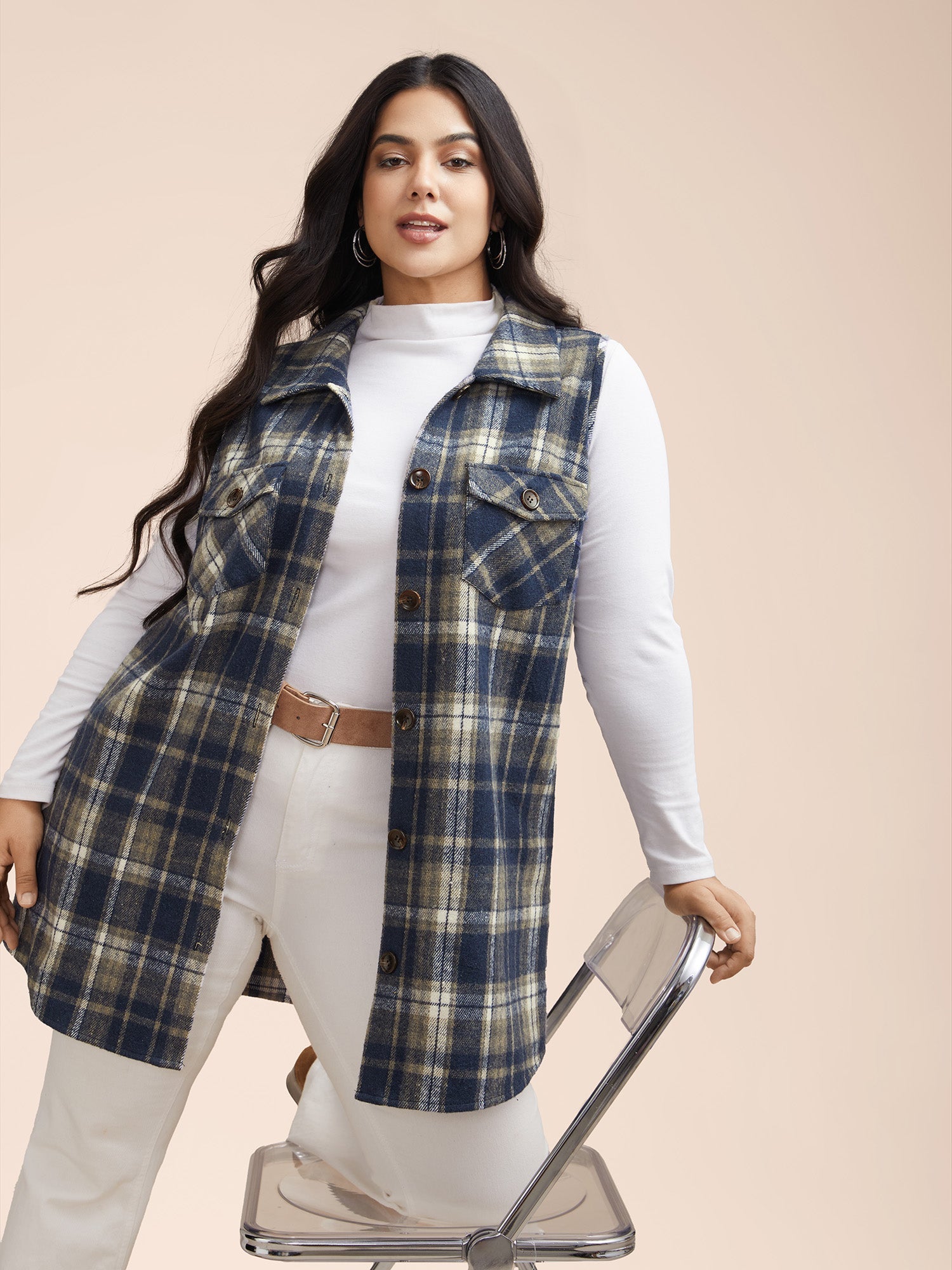 Plaid Flap Detail Sleeveless Jacket
