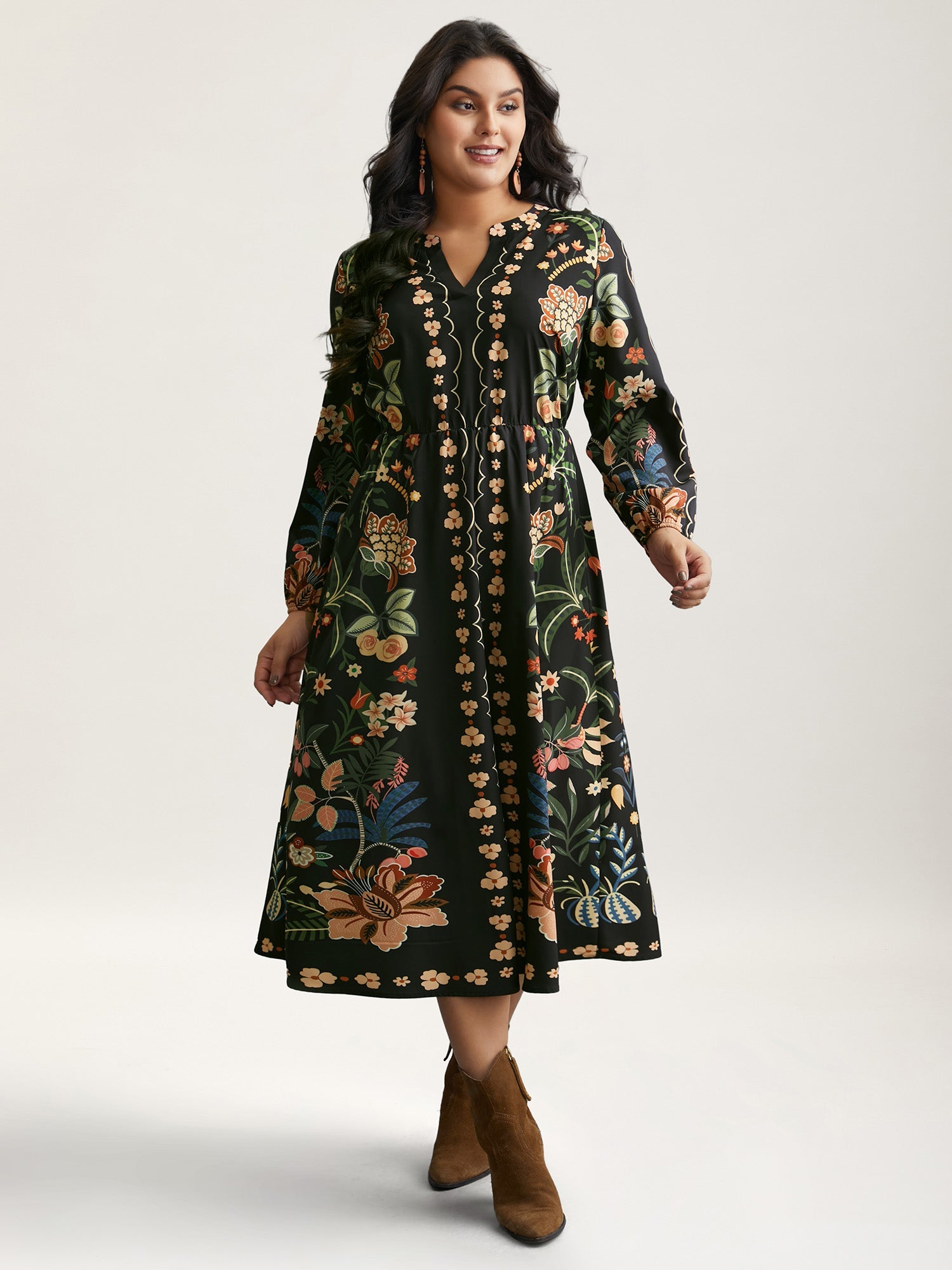 Floral Print Notched Collar Elastic Waist Dress