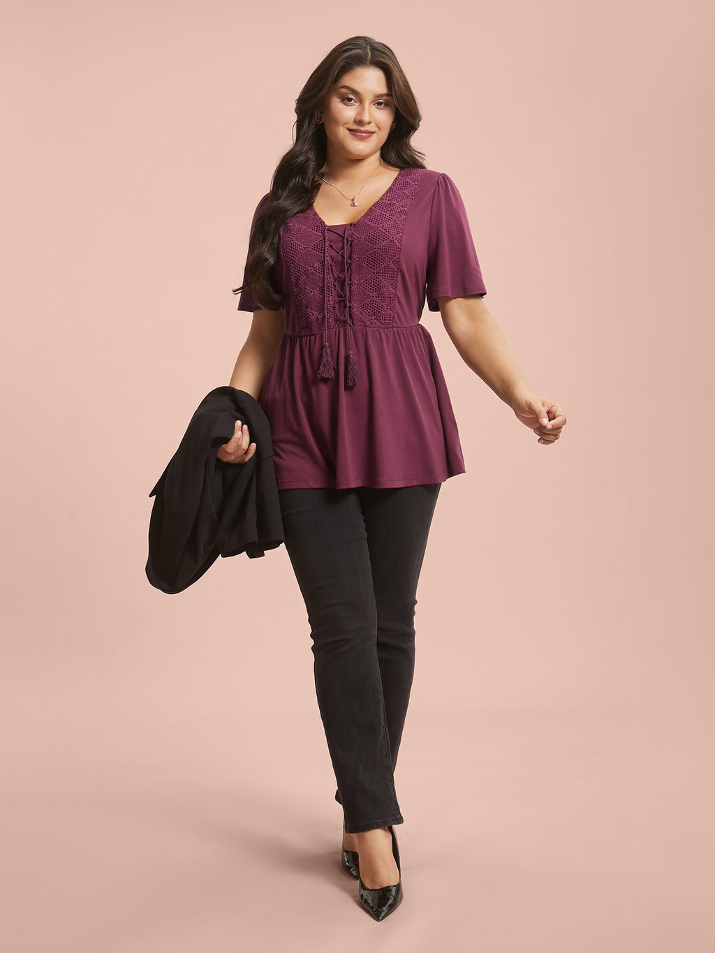 Lace-Up Tassels Patchwork Plain Top