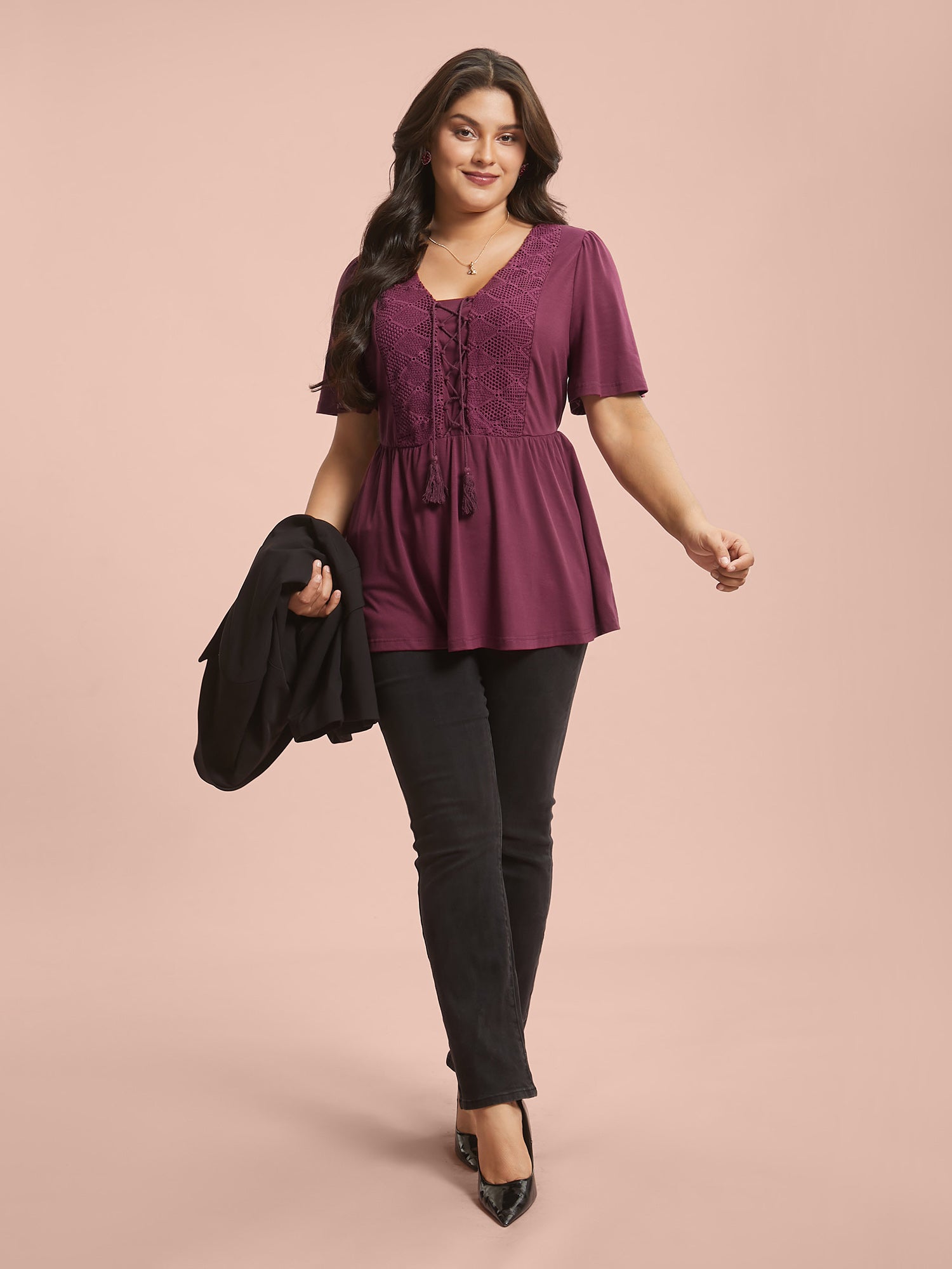 Lace-Up Tassels Patchwork Plain Top