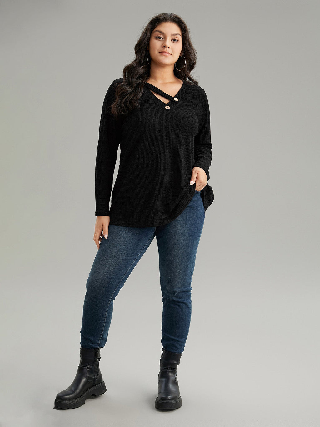Solid Rib Knit Button Detail T-shirt