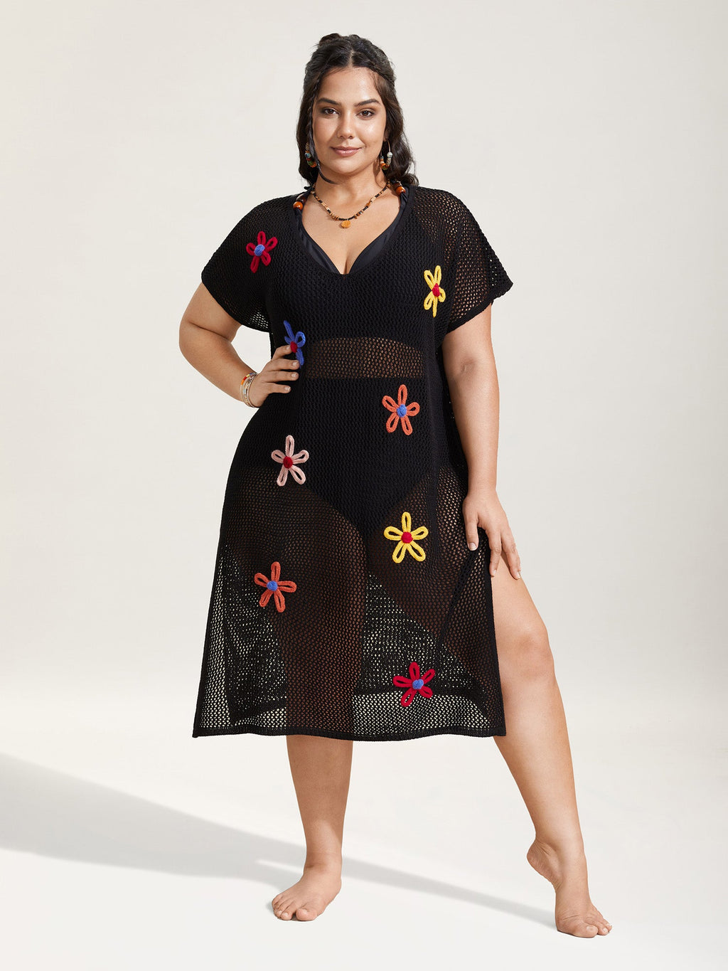 Stereo Flower Design Slit Hem Swim Cover Up