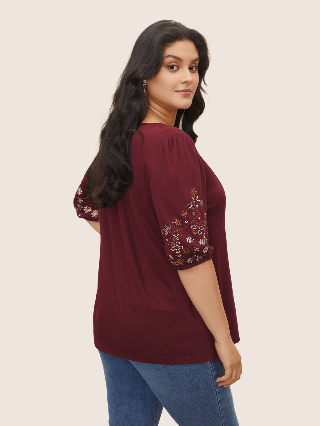 Floral Embroidered Crew Neck Puff Sleeve T-shirt