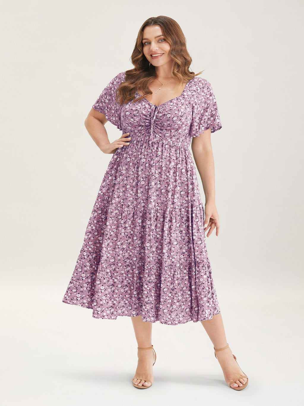 Ditsy Floral Drawstring Ruched Pocket Ruffle Tiered Dress