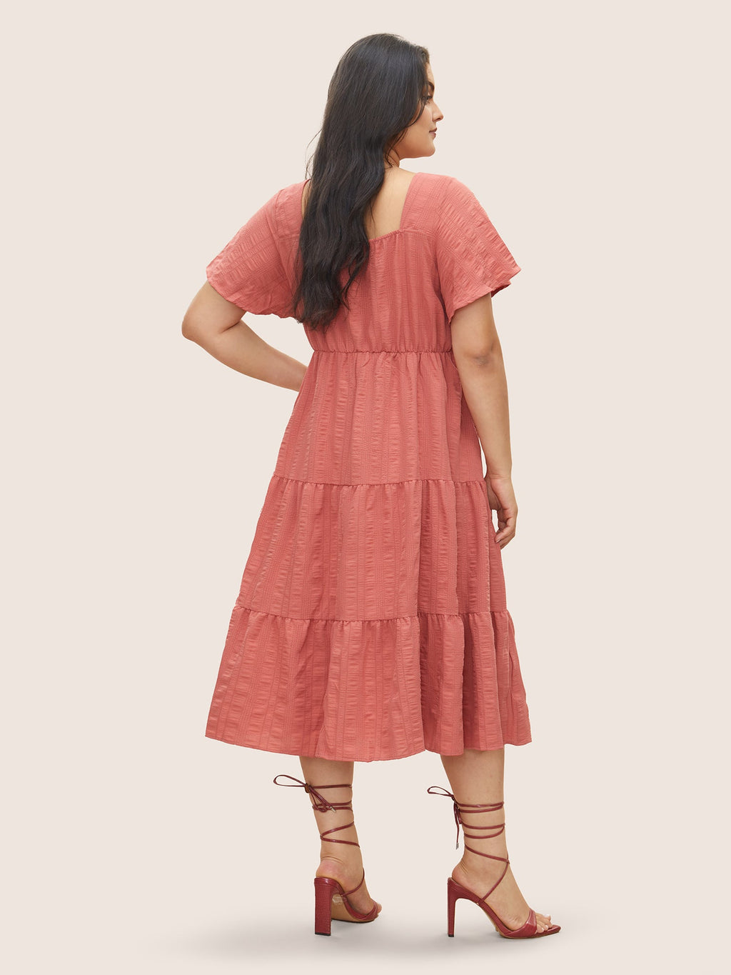 Plain Ruched Drawstring Pocket Ruffle Tiered Dress
