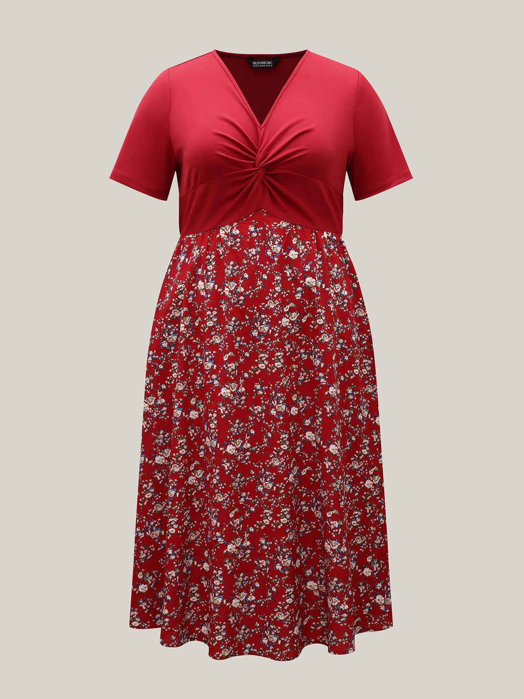 Twist-Front V-Neck Stretchy Waist Midi Dress