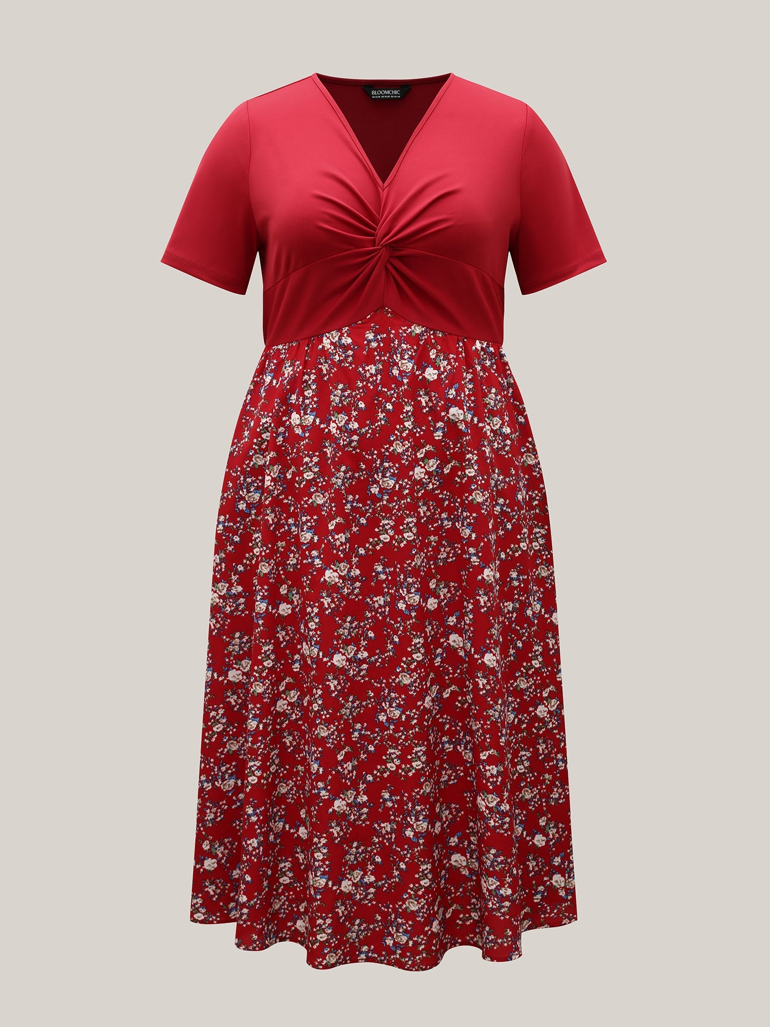 Twist-Front V-Neck Stretchy Waist Midi Dress