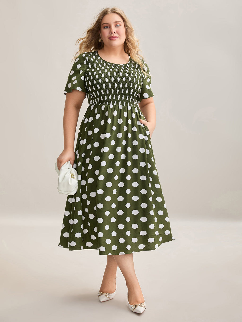 Polka Dot Print Pockets Shirred Maxi Dress