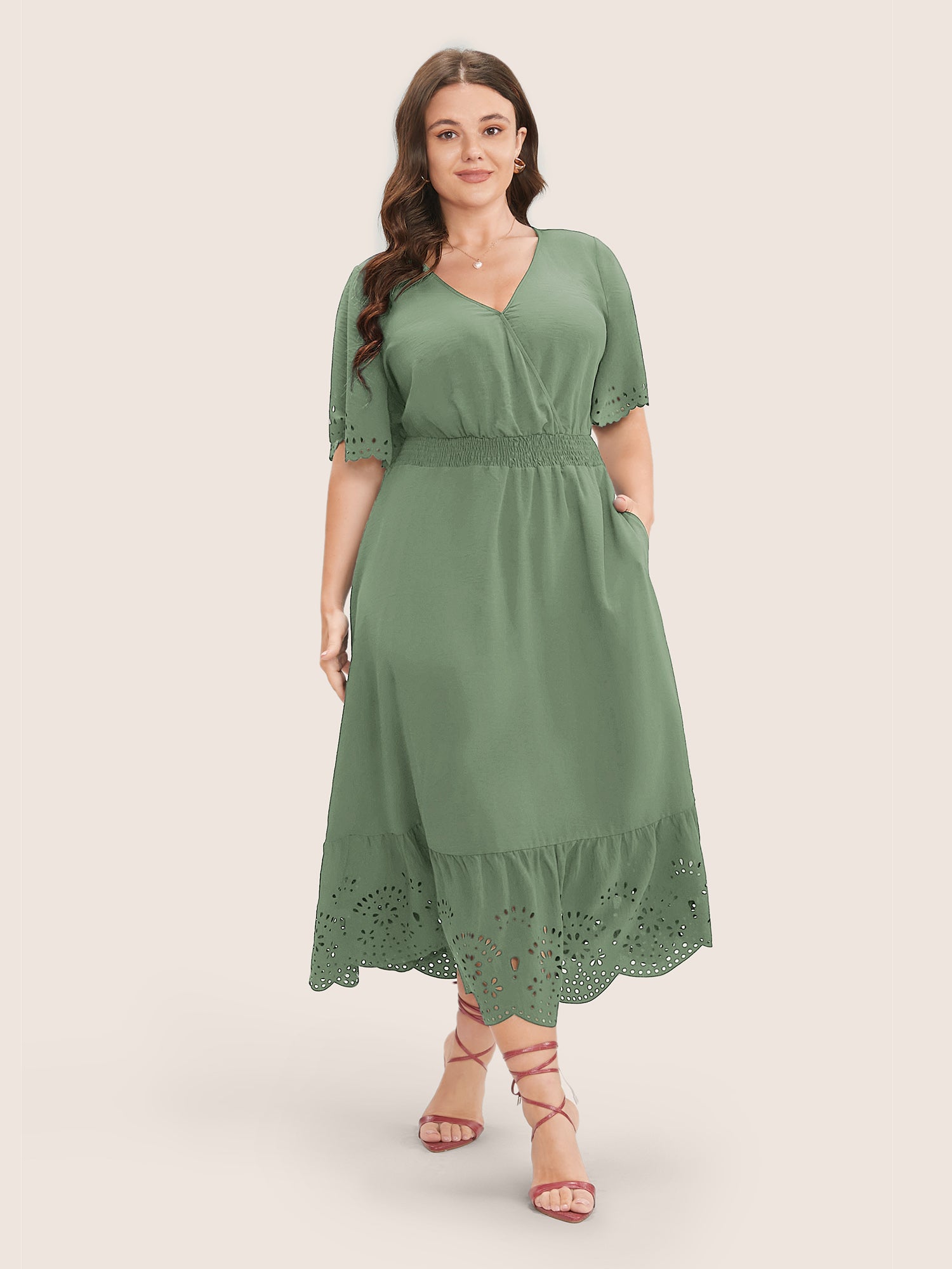Solid Laser Cut Shirred Pocket Wrap Scalloped Trim Flutter Dress