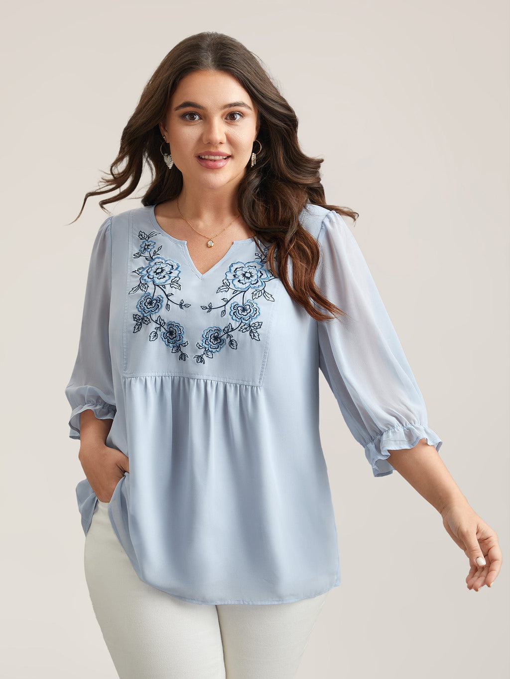 Chiffon Embroidery Puff Sleeve Pleated Shirt