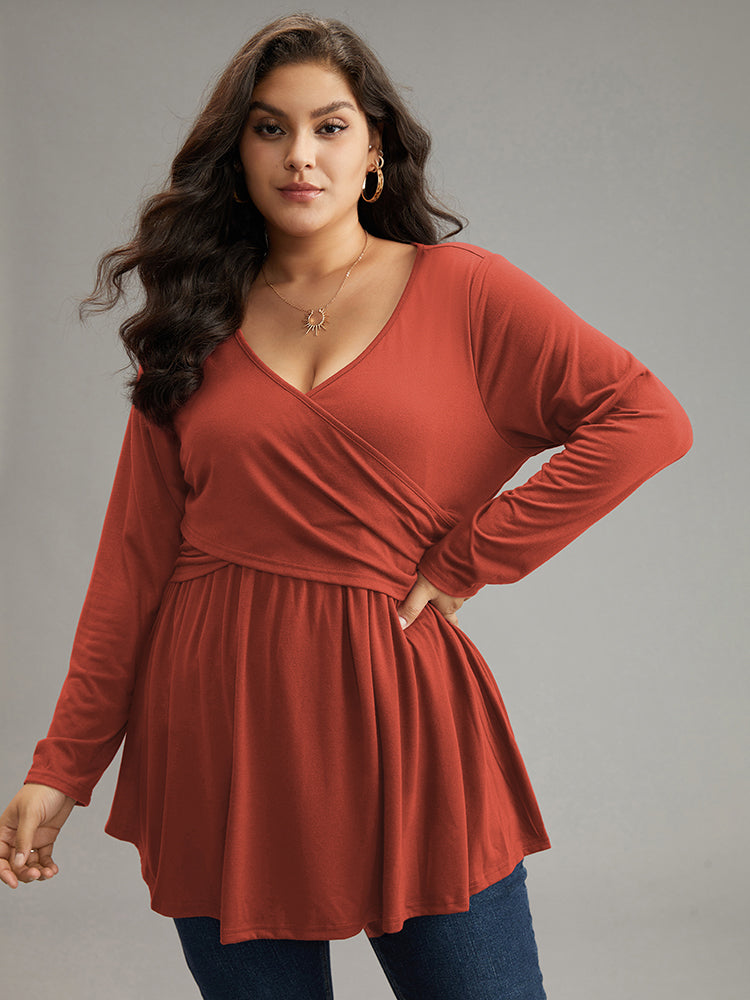 Solid Crossover V Neck Ruffle Hem T-shirt