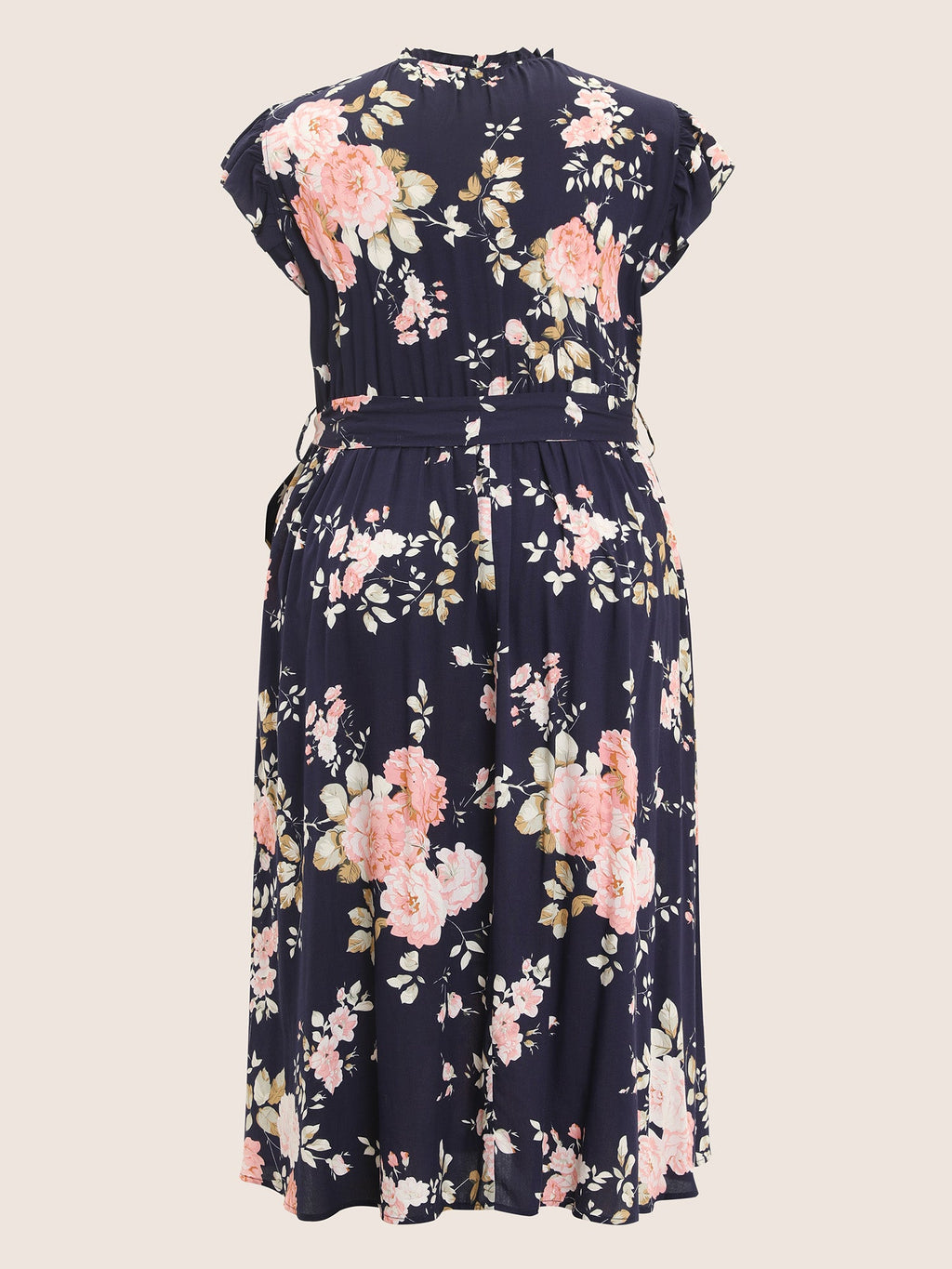Floral Frill Trim Mock Neck Pocket Ruffle Belted Cap Sleeve Dress