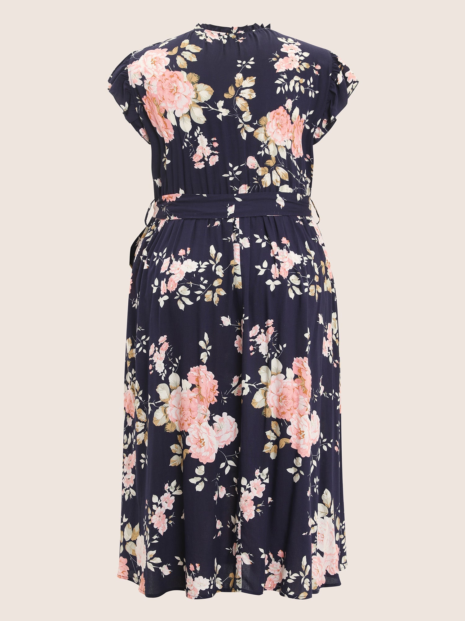 Floral Frill Trim Mock Neck Pocket Ruffle Belted Cap Sleeve Dress