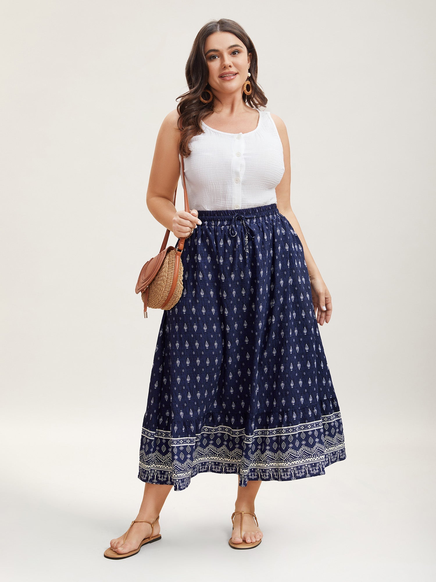 Boho Print Pleated Drawstring Midi Skirt