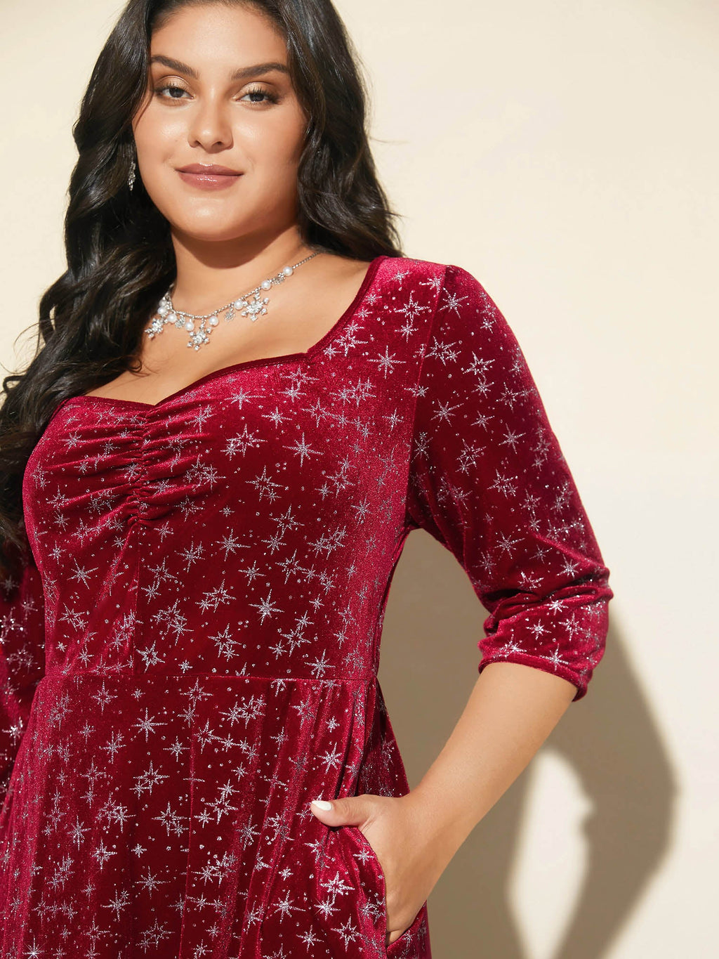 Embossed Velvet Sweetheart Neckline Midi Dress