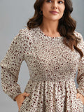 Stretchy-Waist Printed Pockets Midi Dress