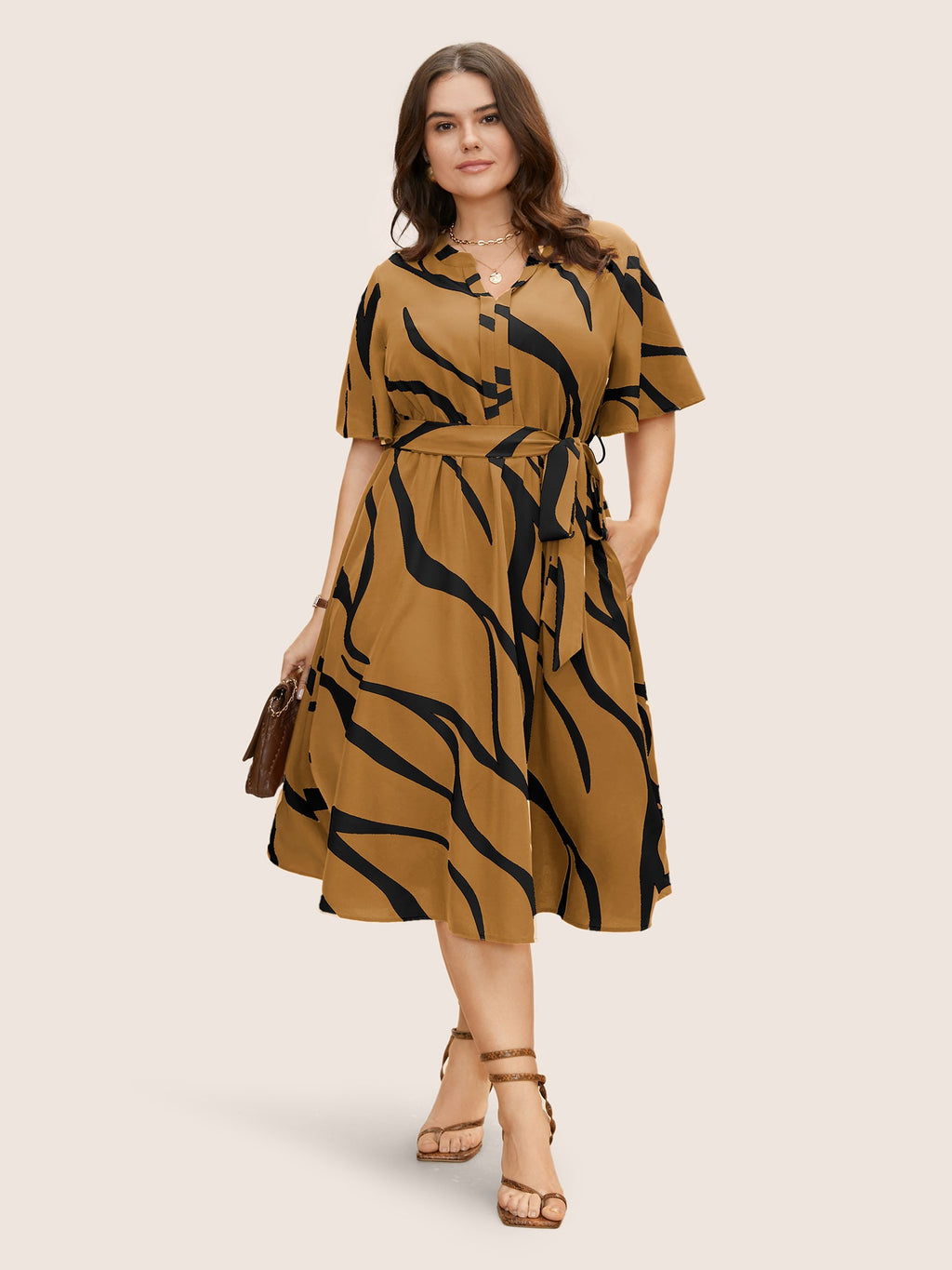 Geometric Surplice Neck Tie Knot Midi Dress