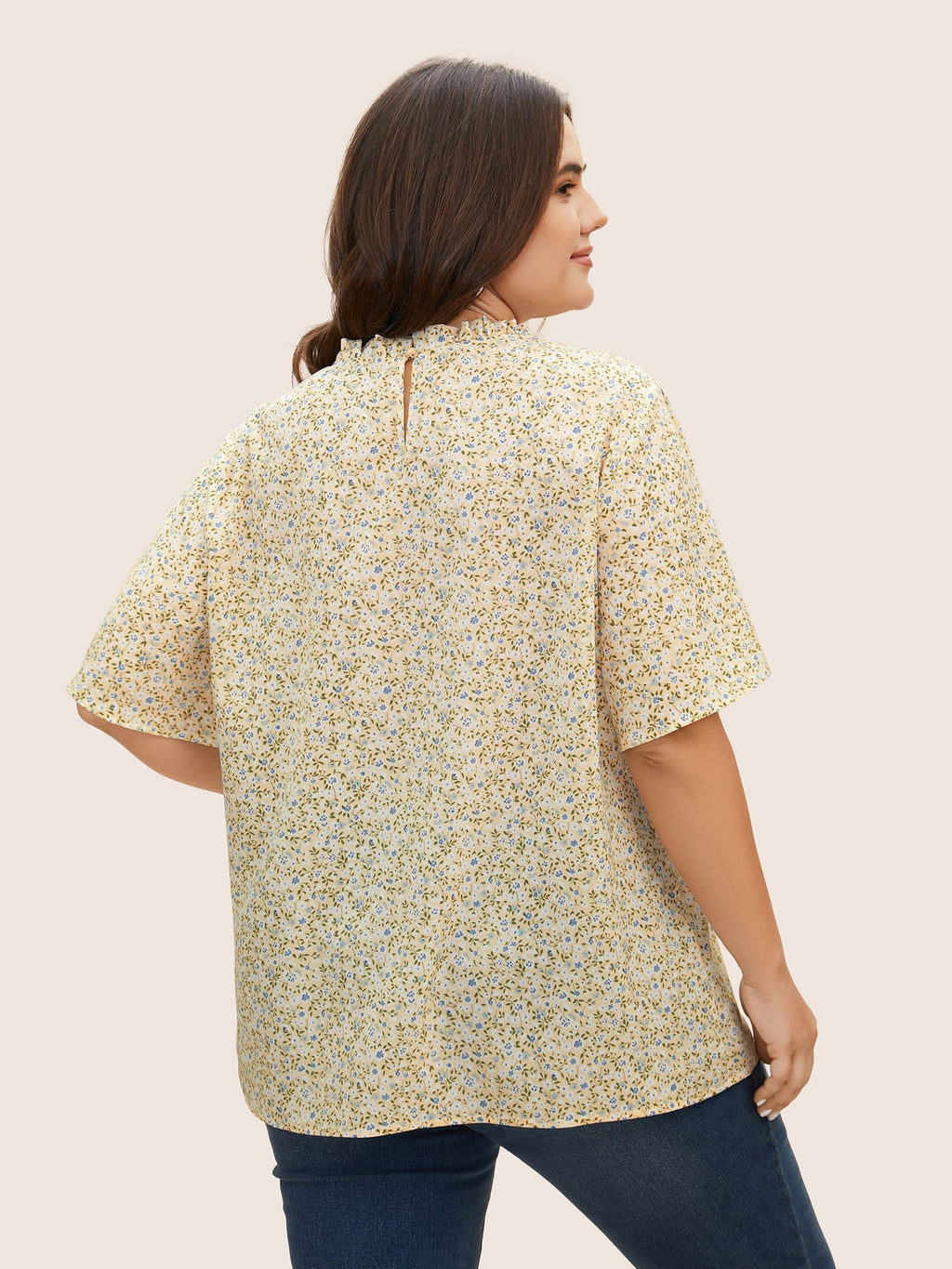 Ditsy Floral Plicated Detail Frill Trim Blouse