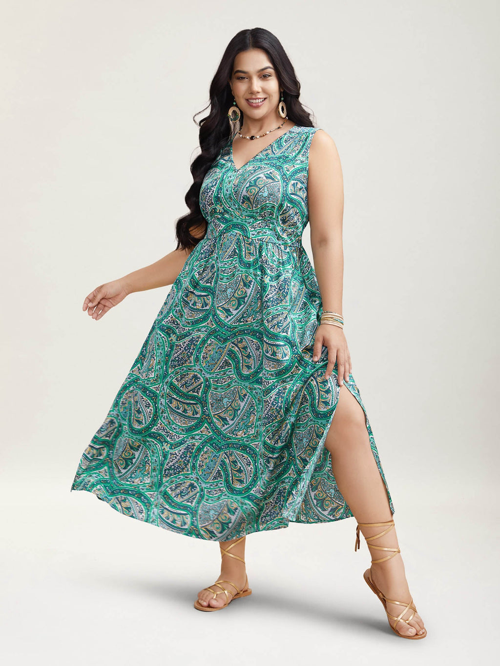 Paisley Print Off-Sleeve V-Neck Midi Dress
