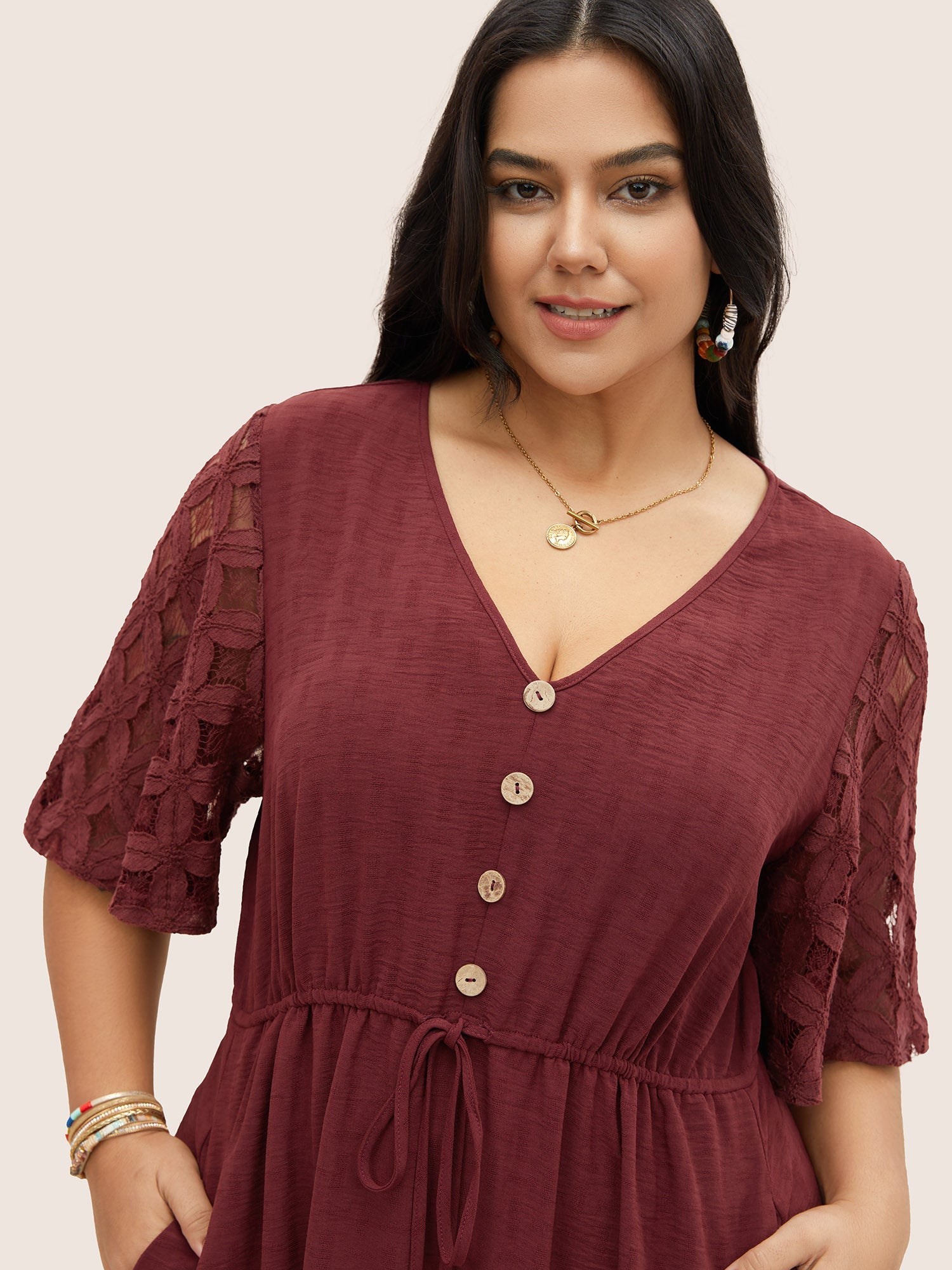 Crochet Lace Mesh Button Detail Drawstring Dress