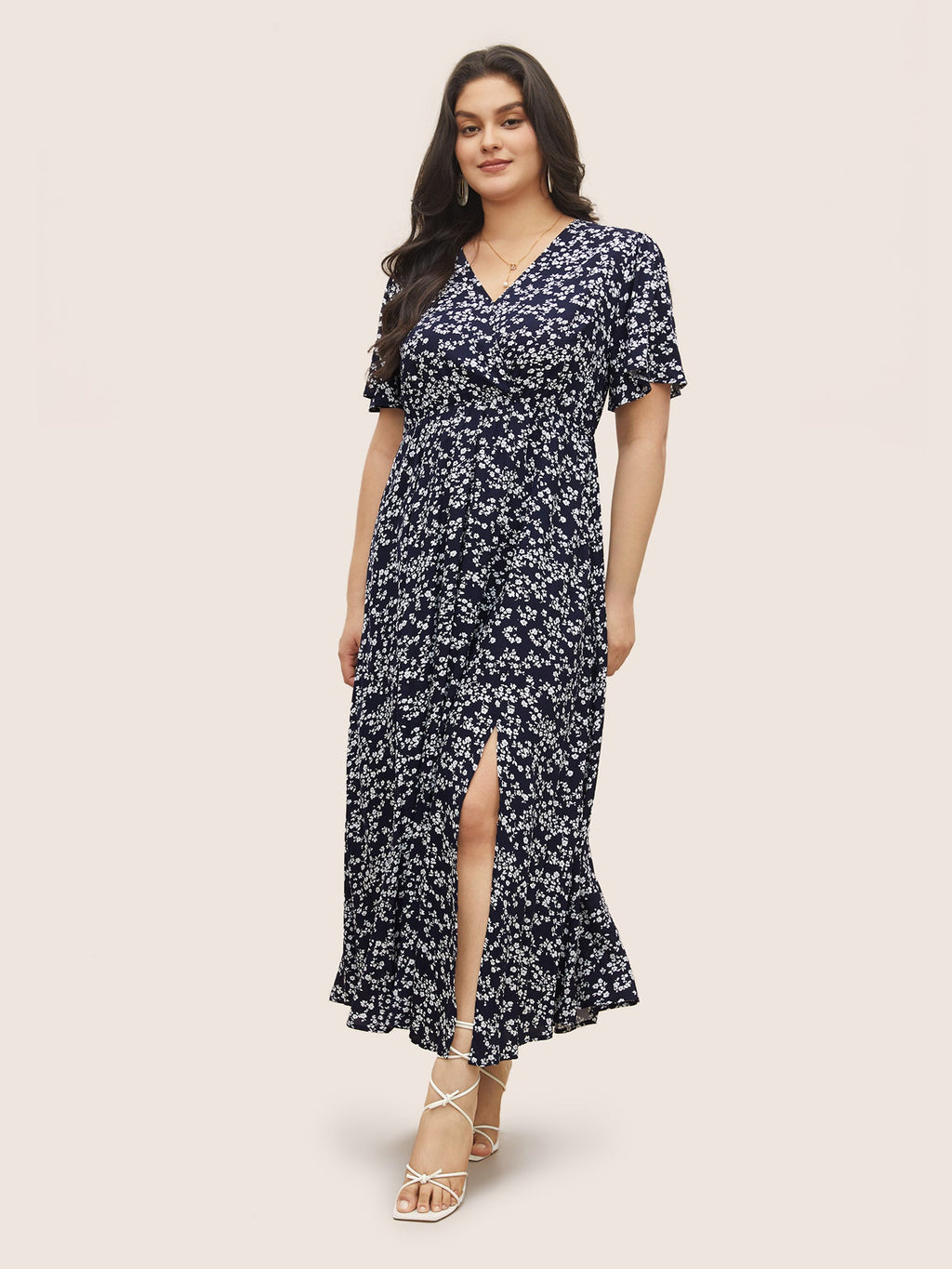 Bloom Dress - Flutter Sleeve Ditsy Floral Pocket Split Maxi Dress