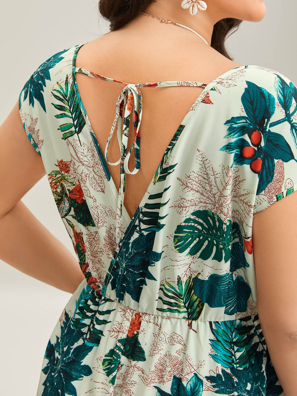 Tropical Print Surplice Neck Back Tie Jumpsuit