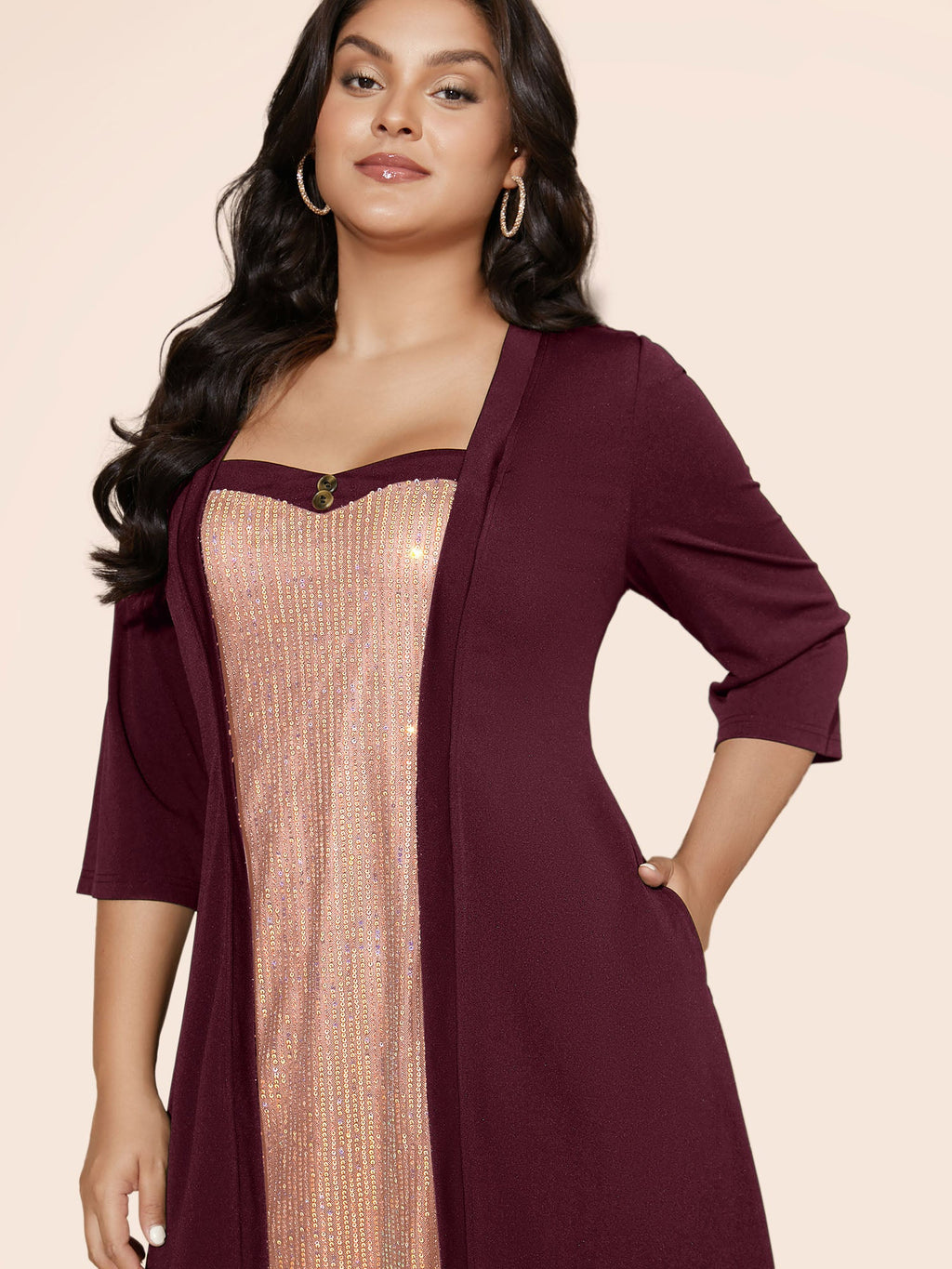 Heart Neckline Patchwork Sequin Button Detail Dress