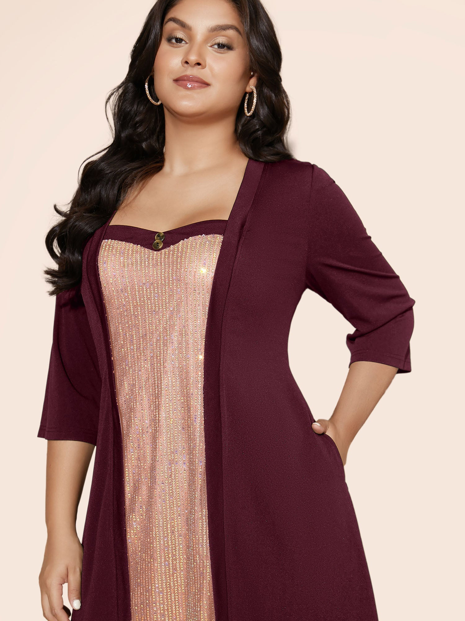 Heart Neckline Patchwork Sequin Button Detail Dress