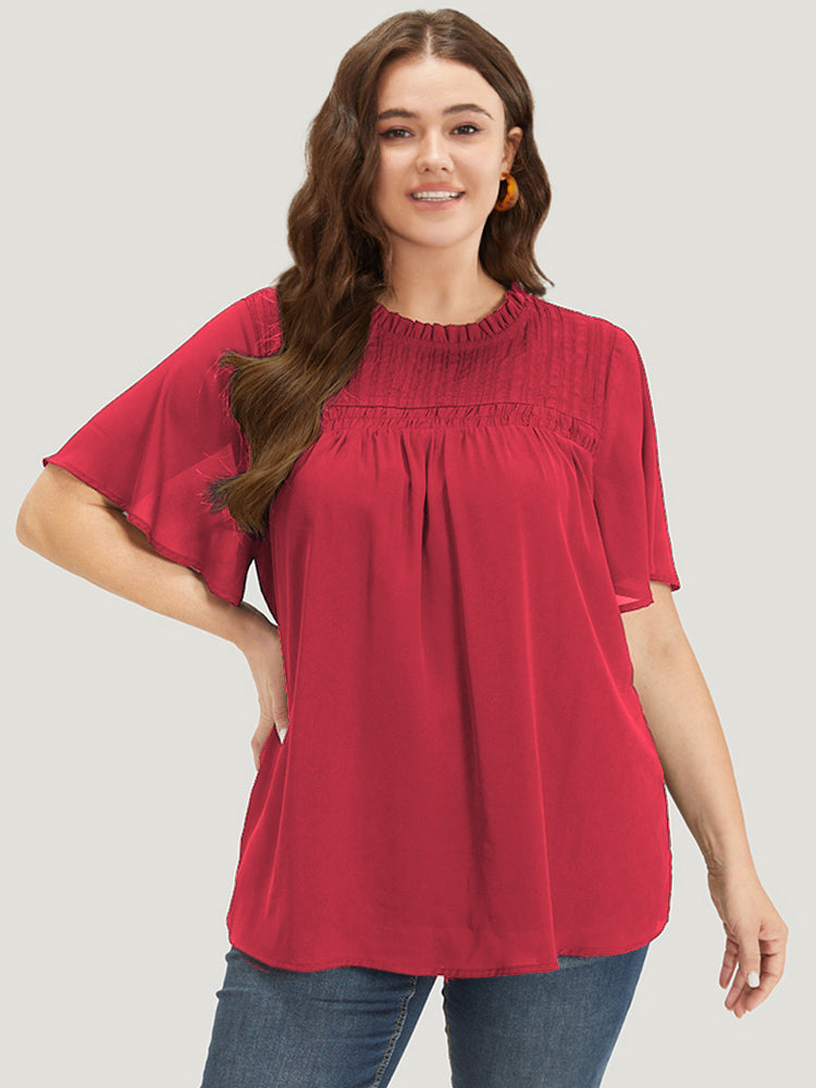 Anti-Wrinkle Shirred Ruffle Sleeve Mesh Frill Trim Blouse
