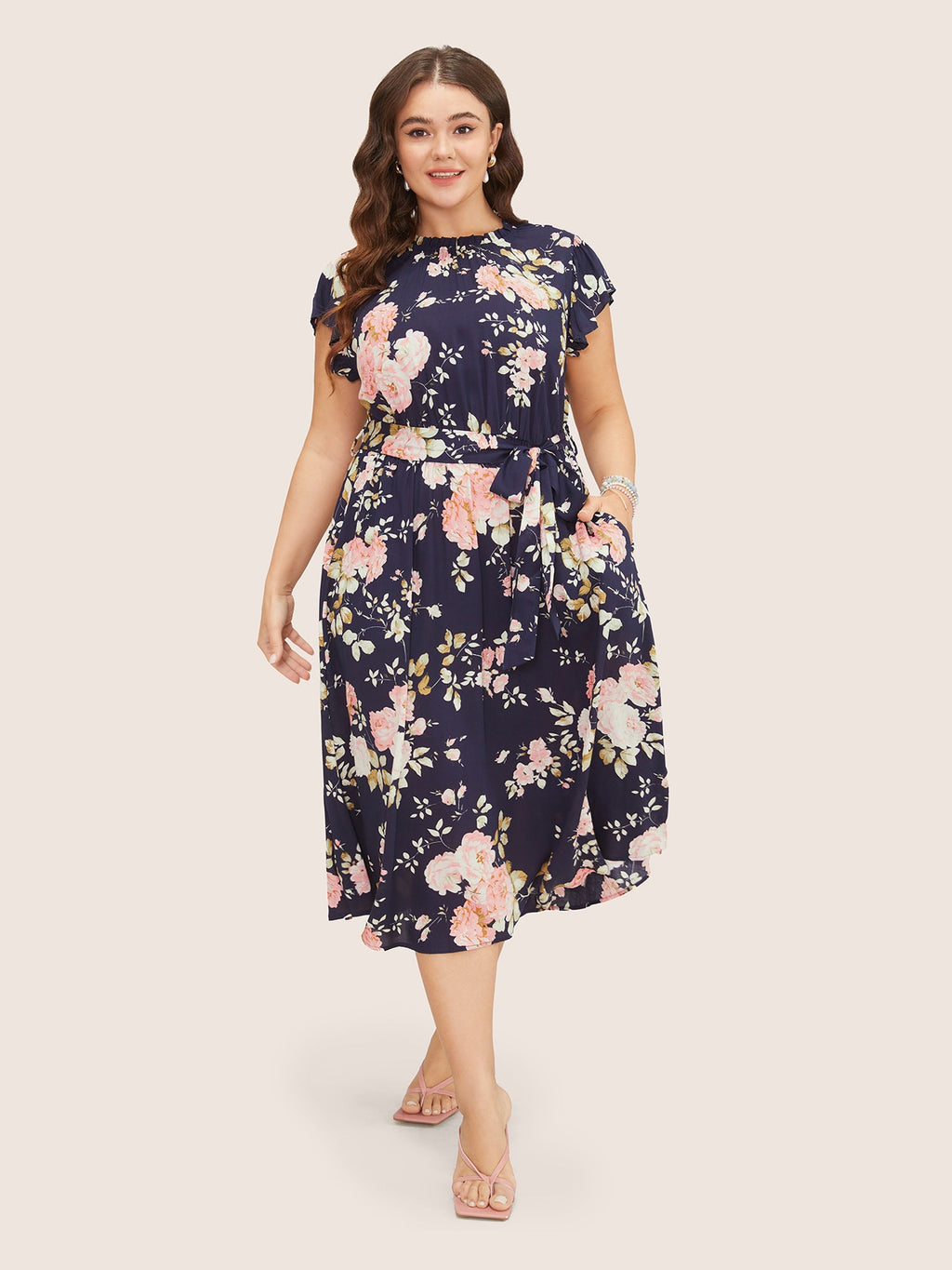 Floral Frill Trim Mock Neck Pocket Ruffle Belted Cap Sleeve Dress