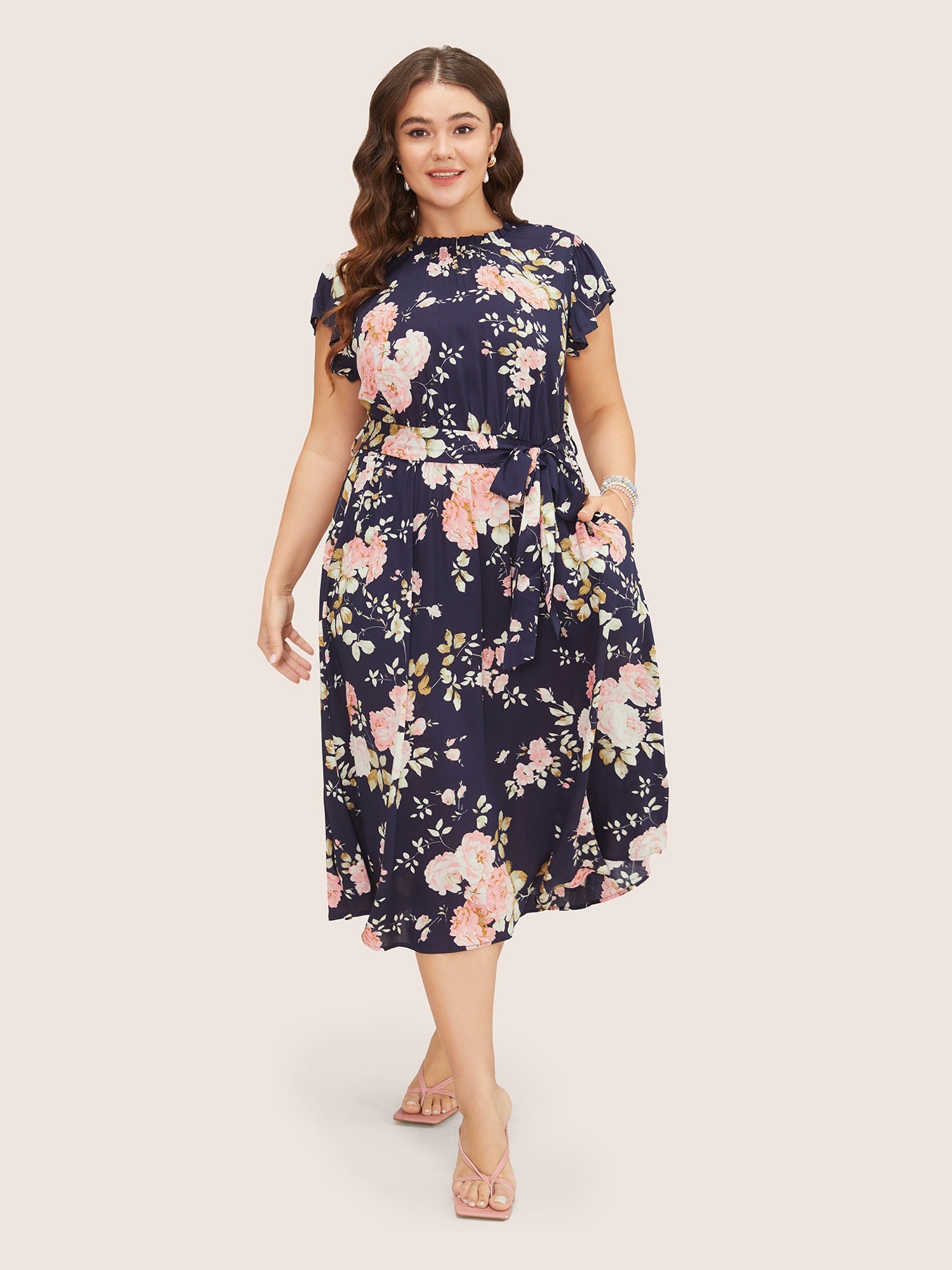 Floral Frill Trim Mock Neck Pocket Ruffle Belted Cap Sleeve Dress