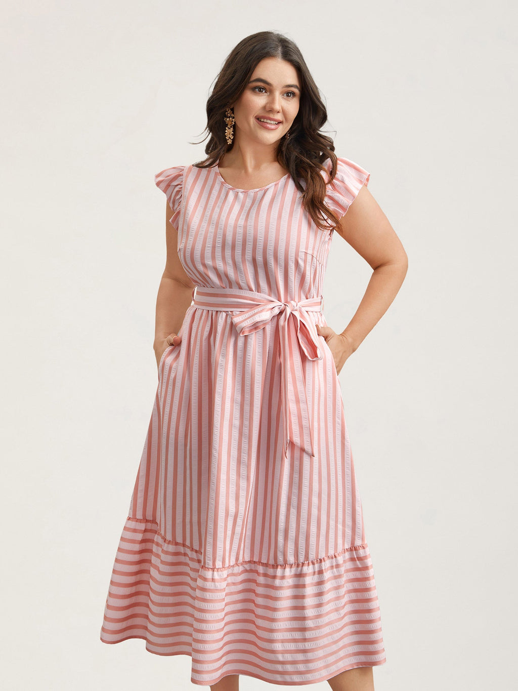 Pastel Stripes Belted Pockets Midi Dress