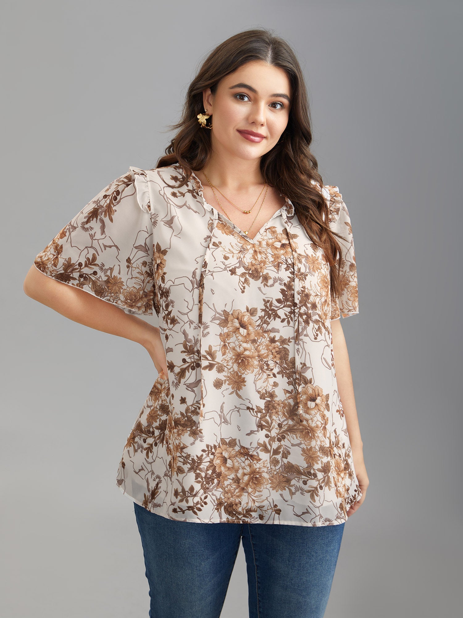 Floral Print Ruffle Neck Shirt