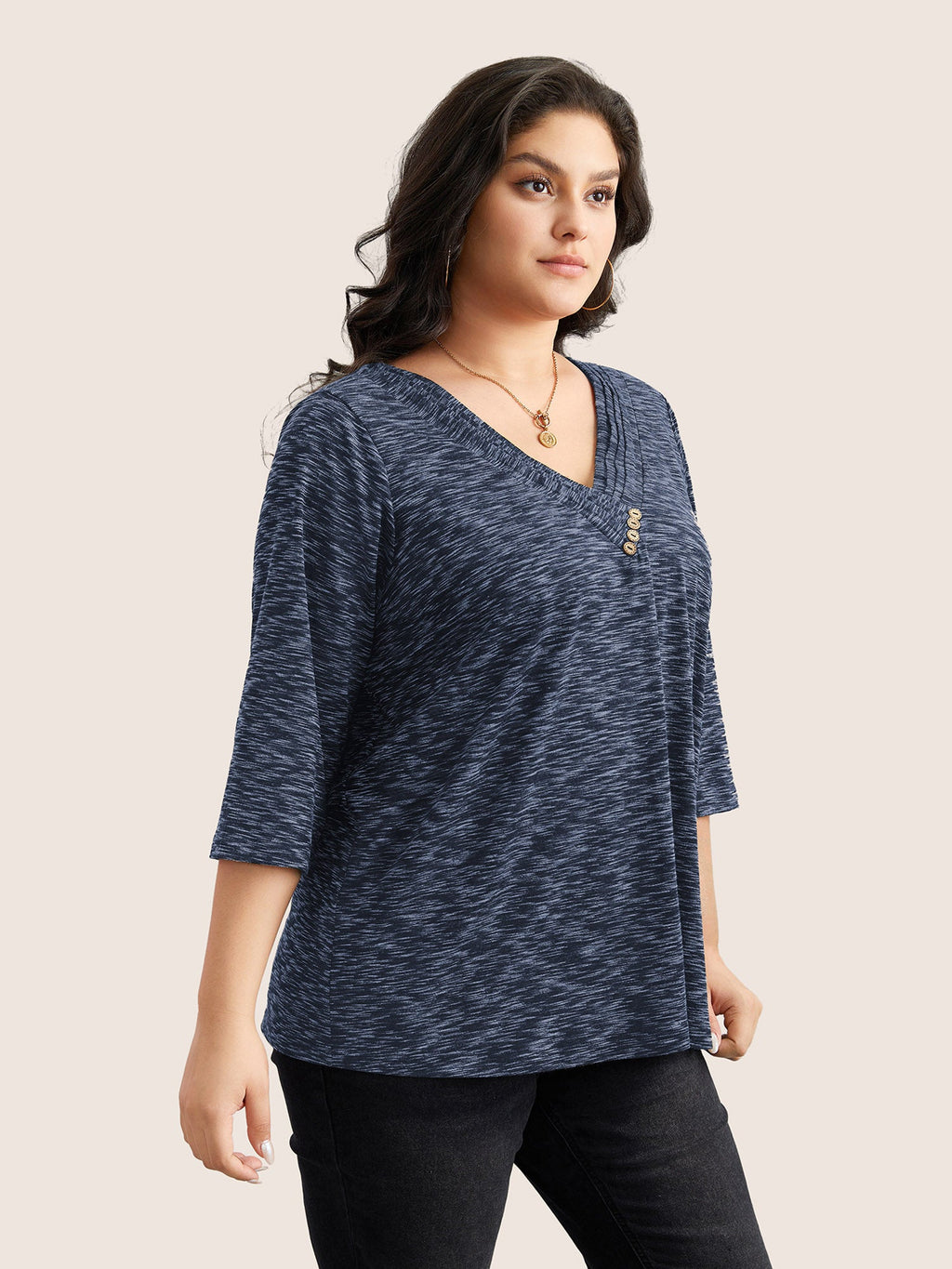Heather Pleated Button Detail T-shirt