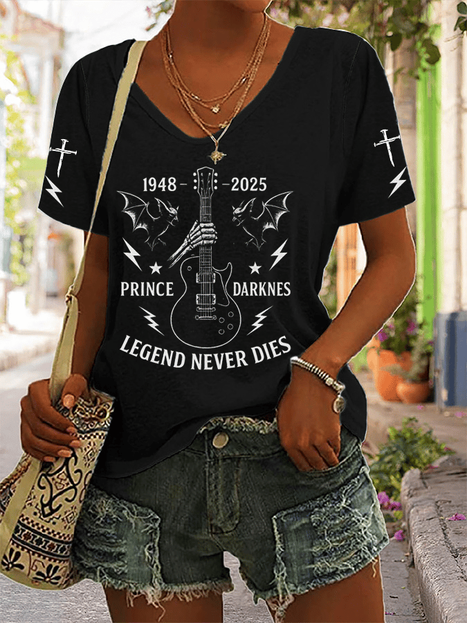 Women's Rock Legend Memorial Print V-Neck T-Shirt