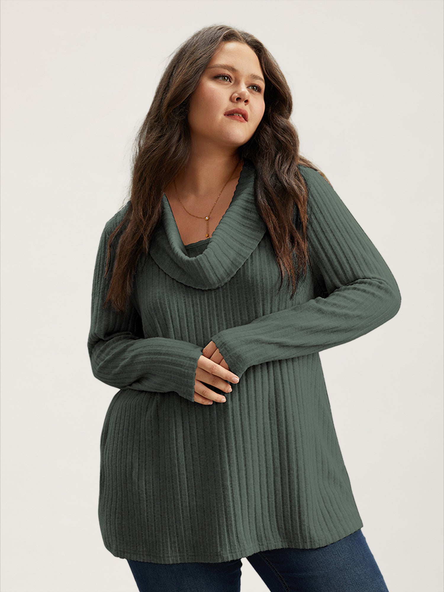 Plain Rib Knit Cowl Neck T-shirt