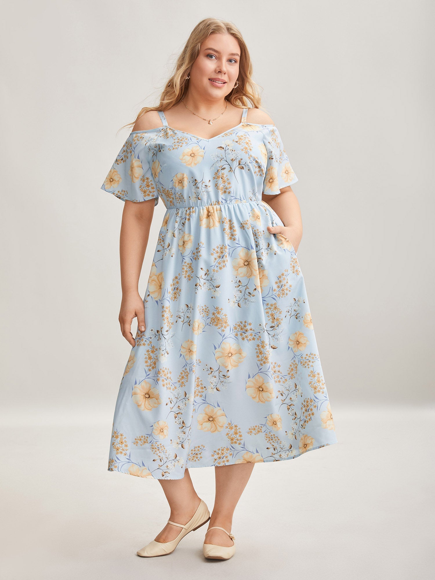 Floral Print Cold-Shoulder Pockets Midi Dress