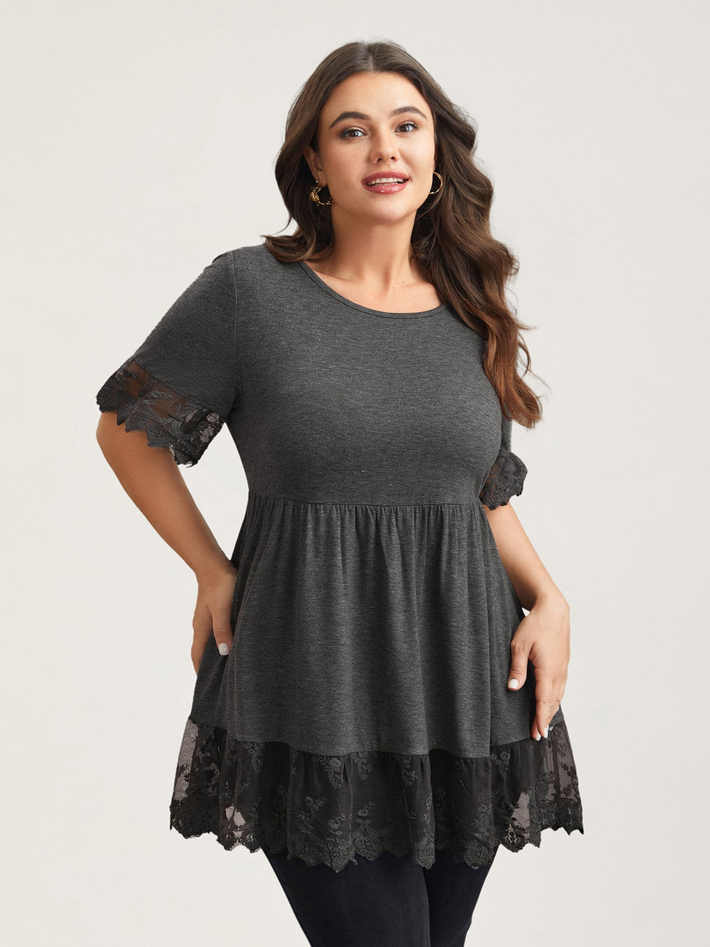 Lace Detail Round Neck Peplum Top