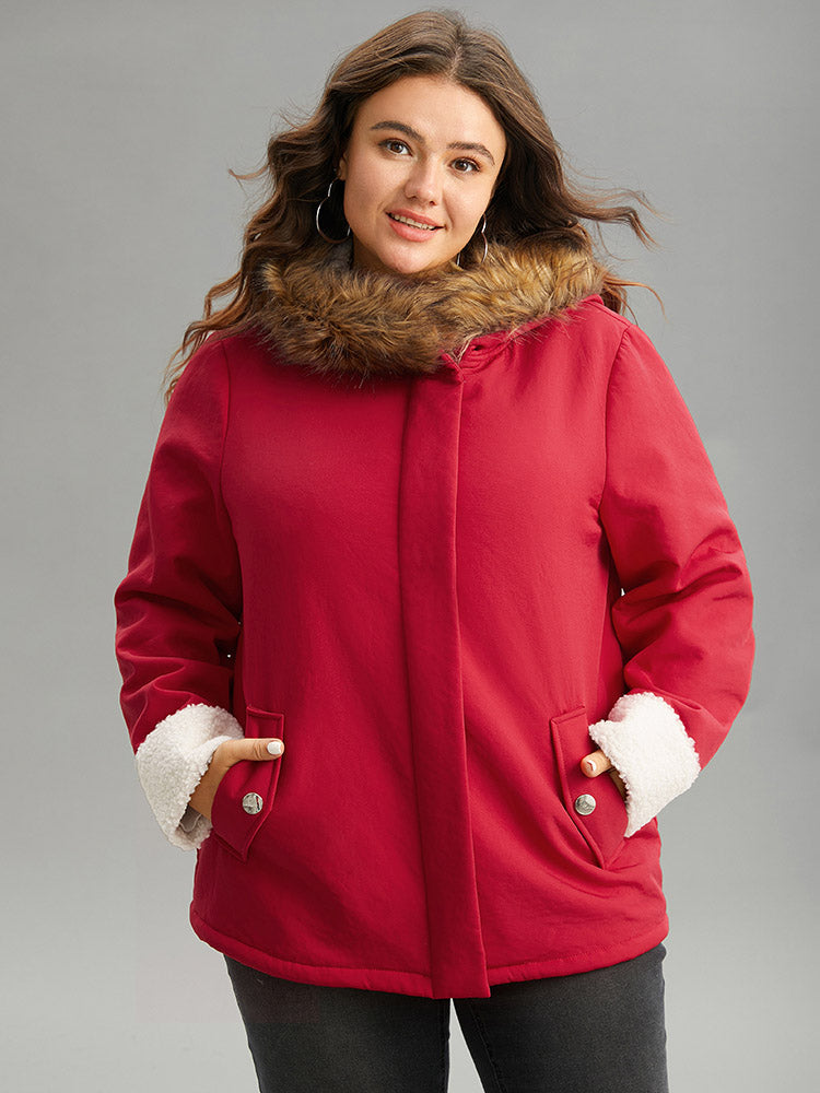 Patchwork Fuzzy Trim Pocket Hooded Jacket