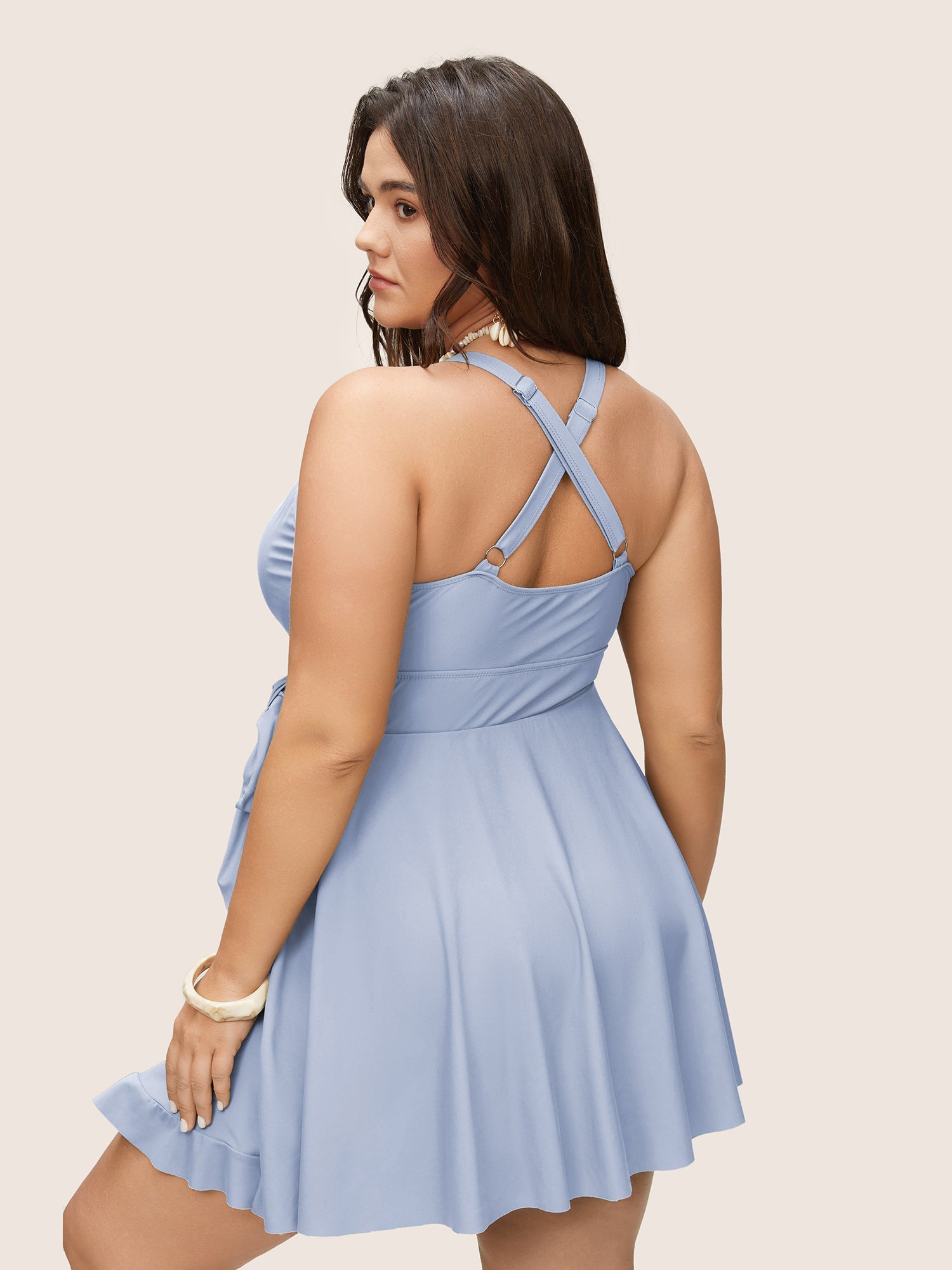 Plain Ties Wrap Flutters Swim Dress
