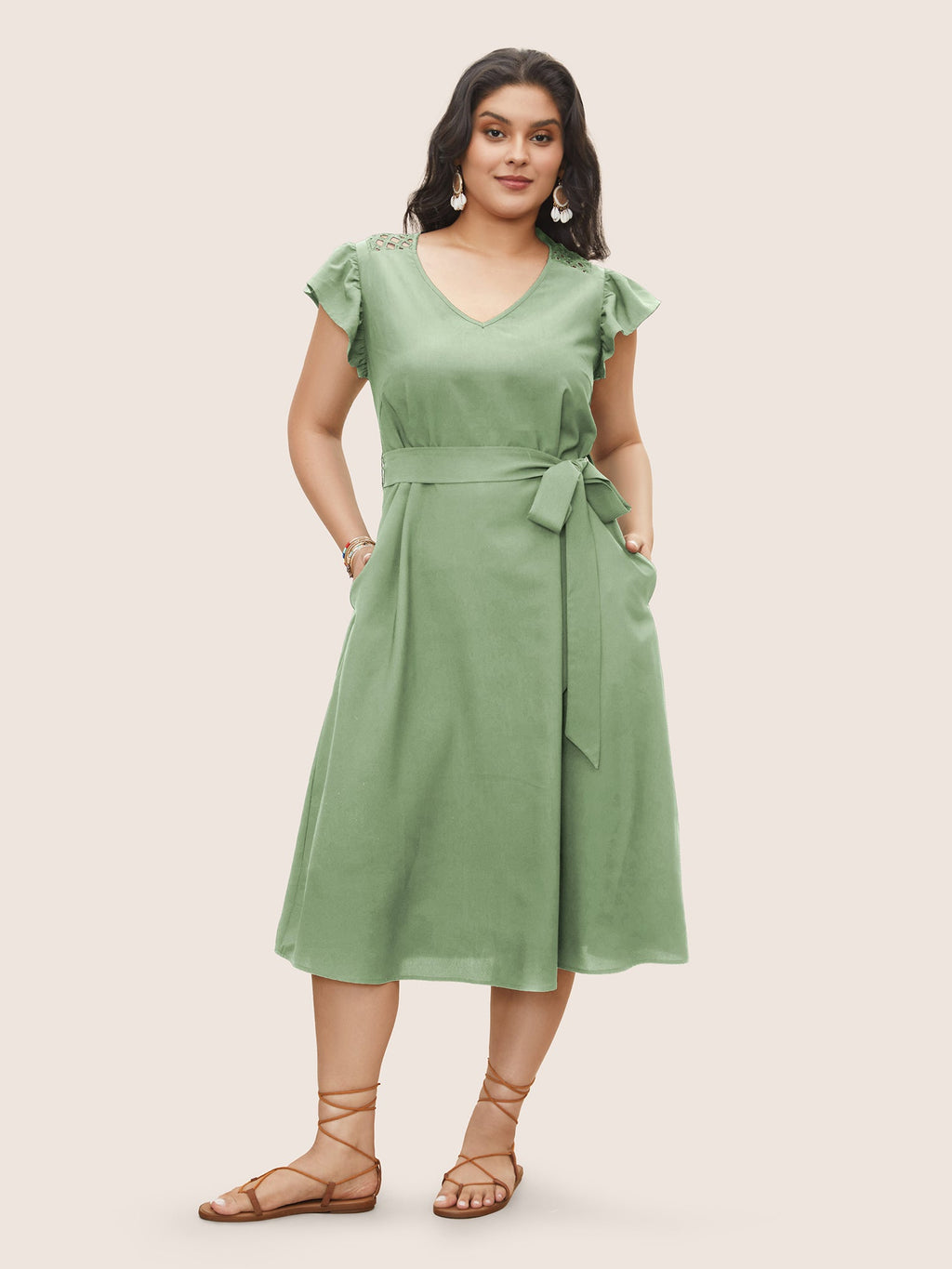 Solid Cut Out Ruffle Cap Sleeve Dress