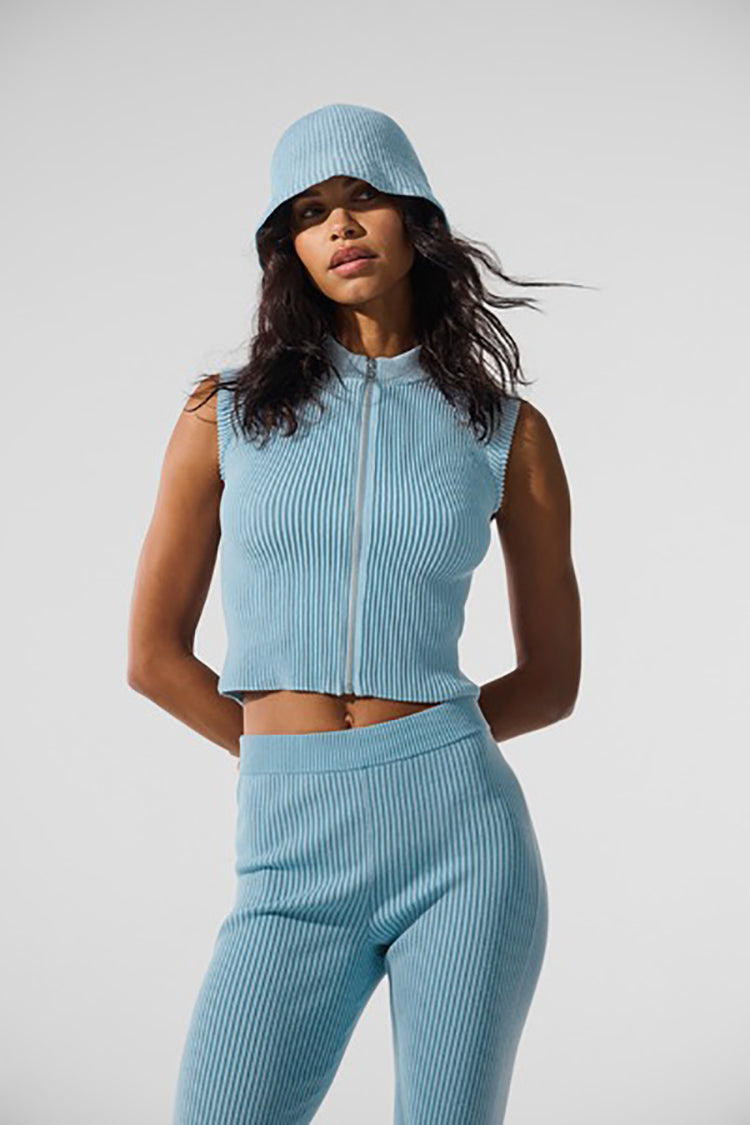 DENIM KNIT SLEEVELESS FULL ZIP TOP