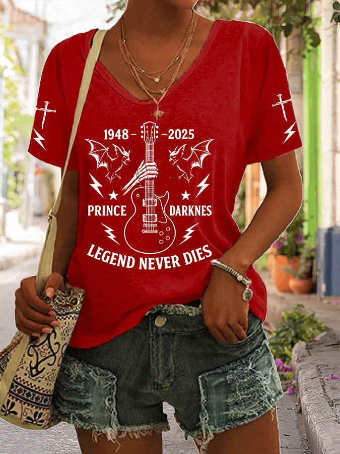 Women's Rock Legend Memorial Print V-Neck T-Shirt