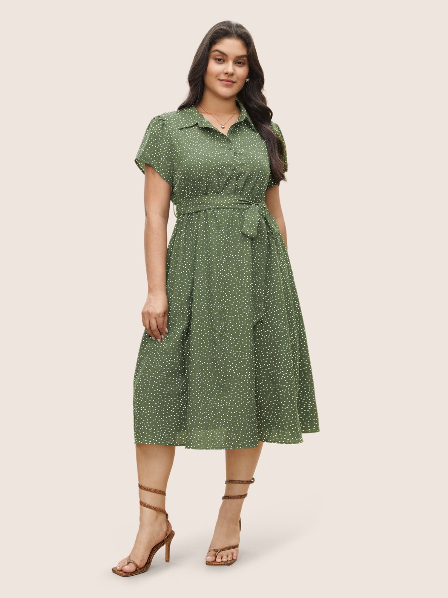 Polka Dot Shirt Collar Pocket Button Up Dress