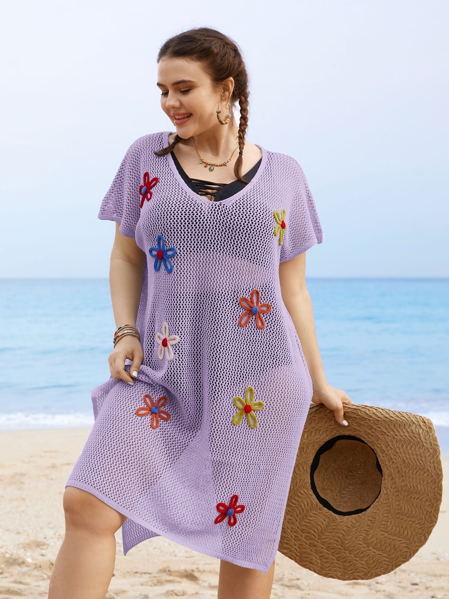 Stereo Flower Design Slit Hem Swim Cover Up