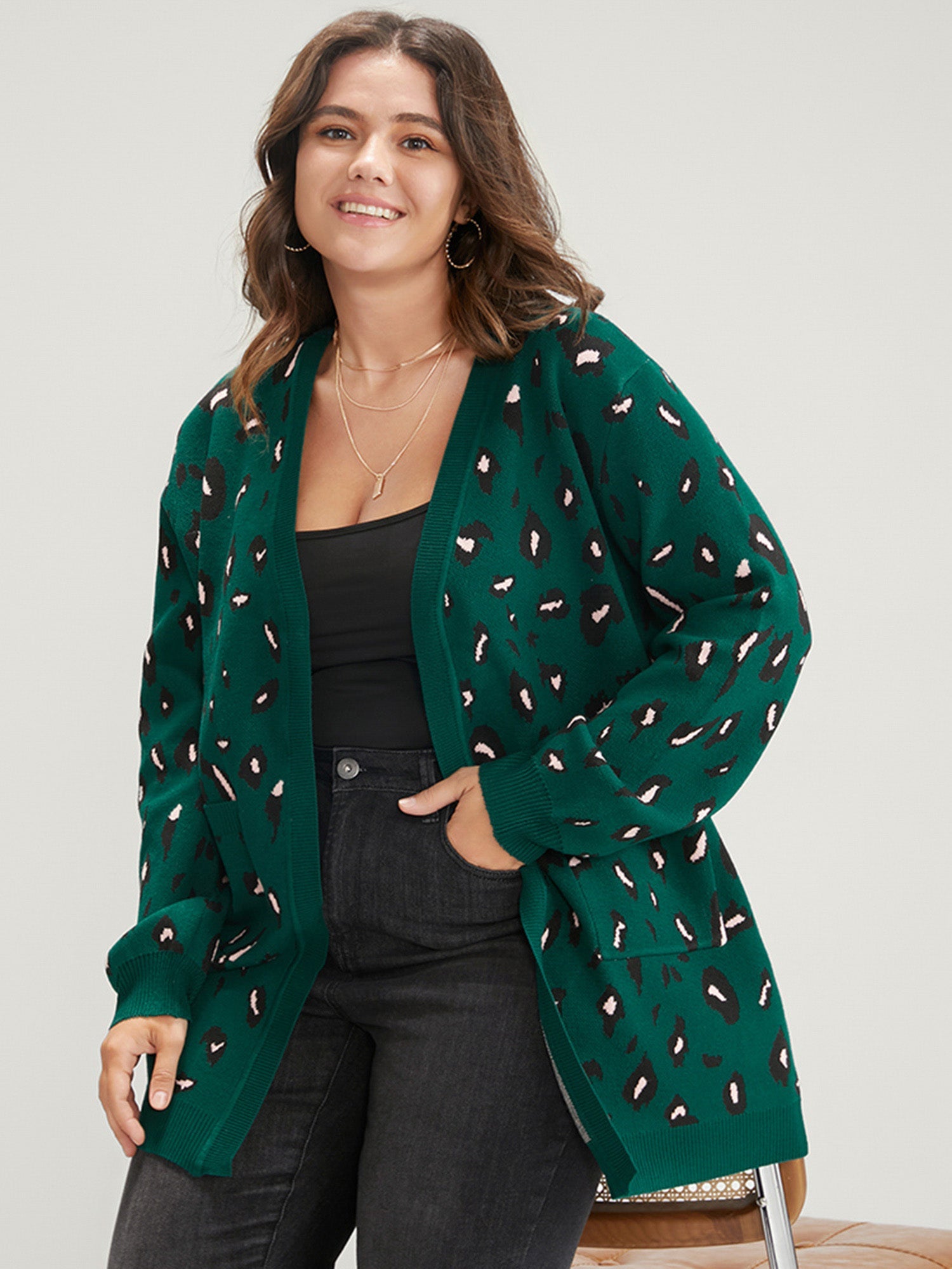 Leopard Super Soft Knit Pocket Jacquard Open Front Cardigan